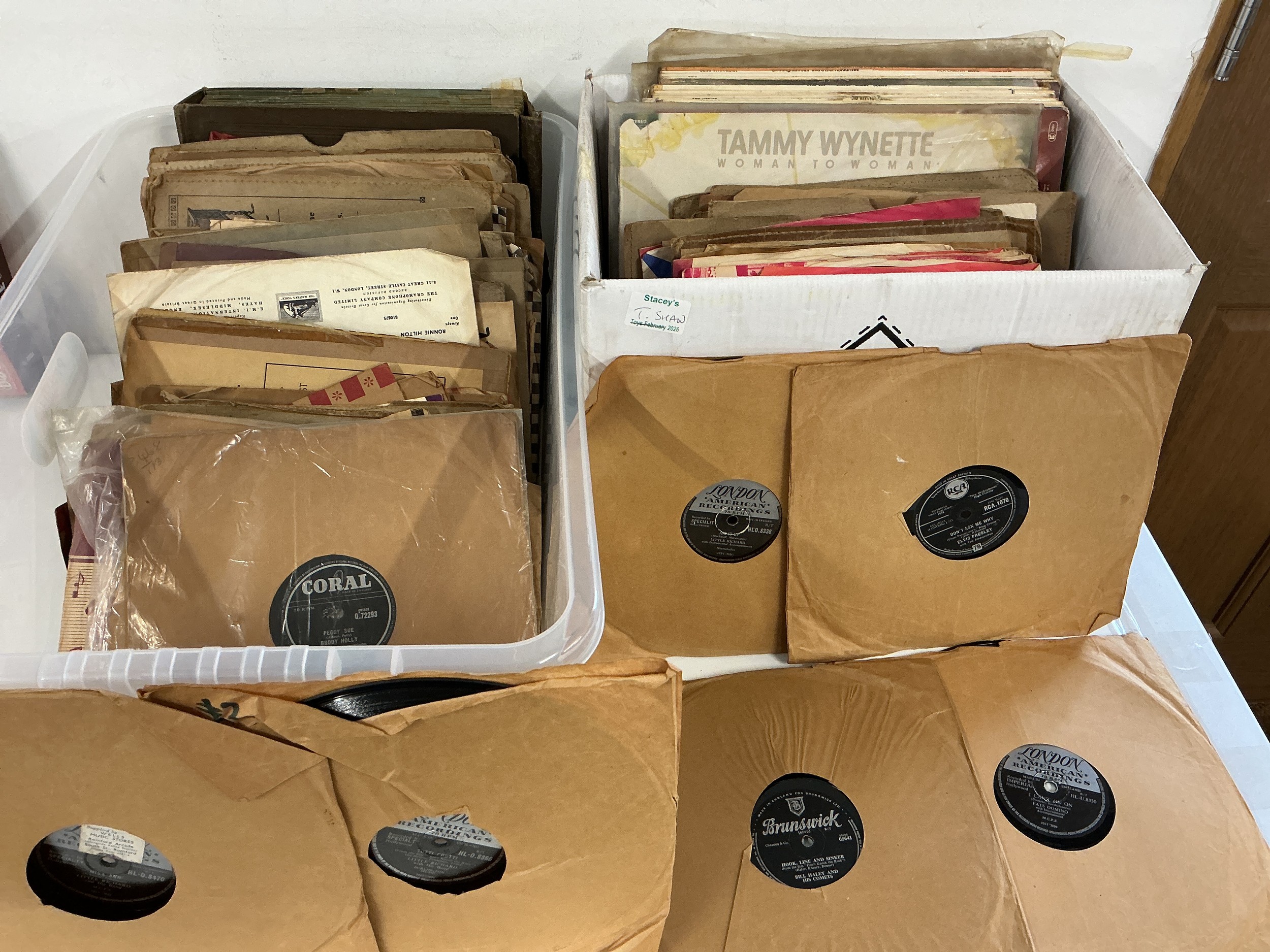 Two boxes of 78s and LPs by various artists including Elvis Presley, Little Richard, Buddy Holly and others.