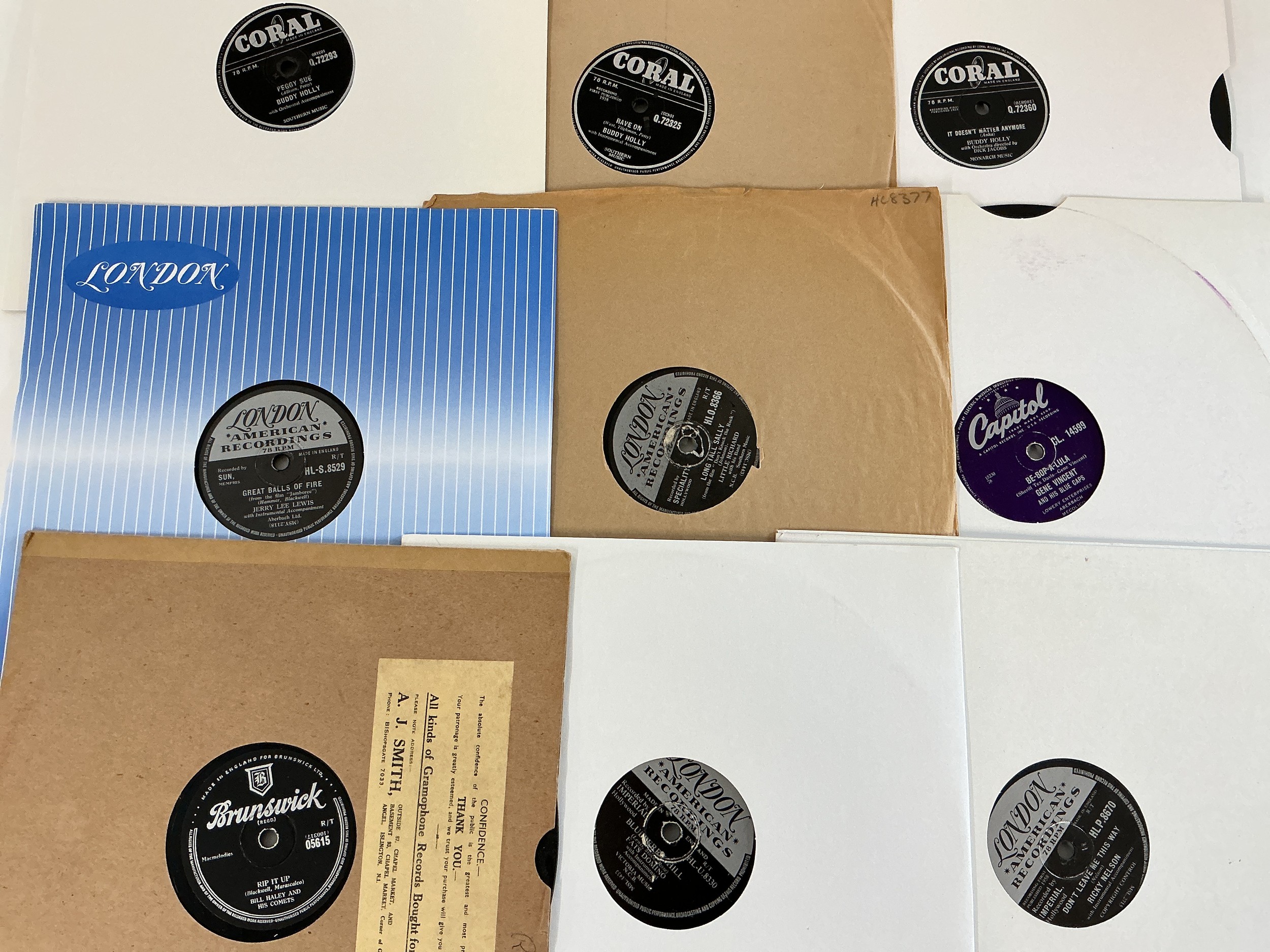 A collection of 78s by rock n roll artists including Gene Vincent, Little Richard, Jerry Lee Lewis and others.