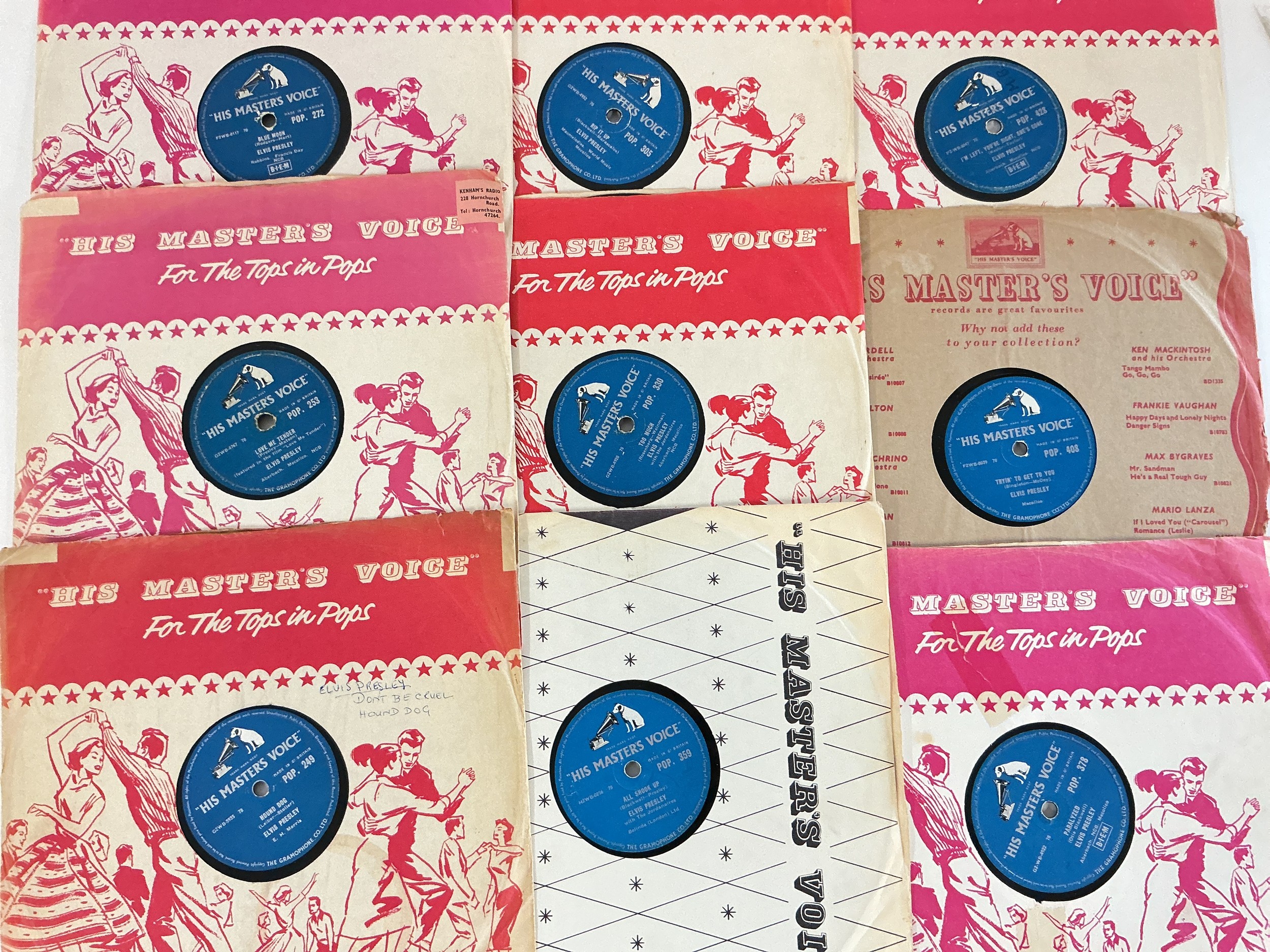 A collection of Elvis Presley 78s comprising All Shook Up, Love Me Tender, Heartbreak Hotel and others.