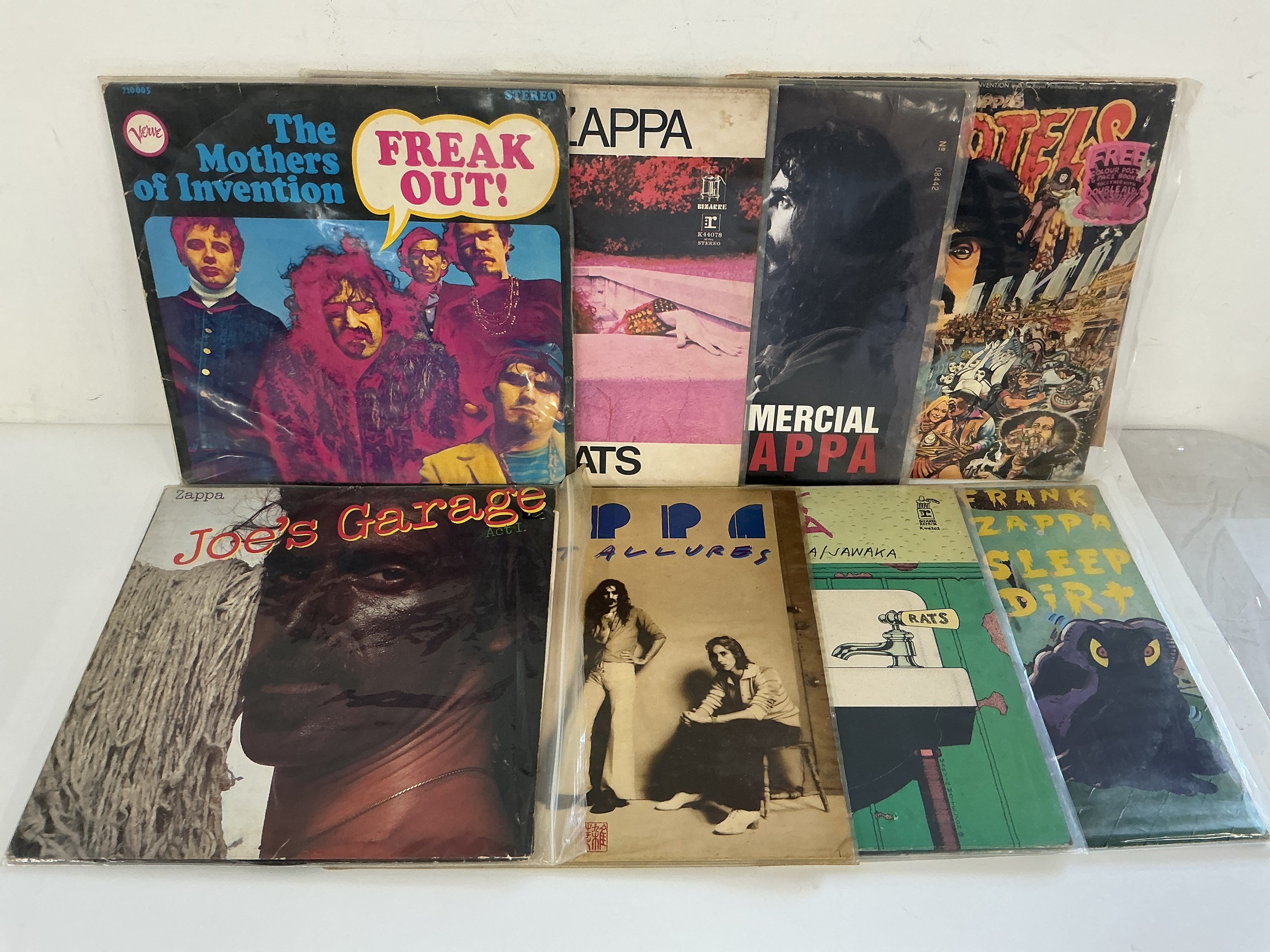 Eight Frank Zappa LPs comprising Freak Out!, Hot Rats, 200 Motels and others.