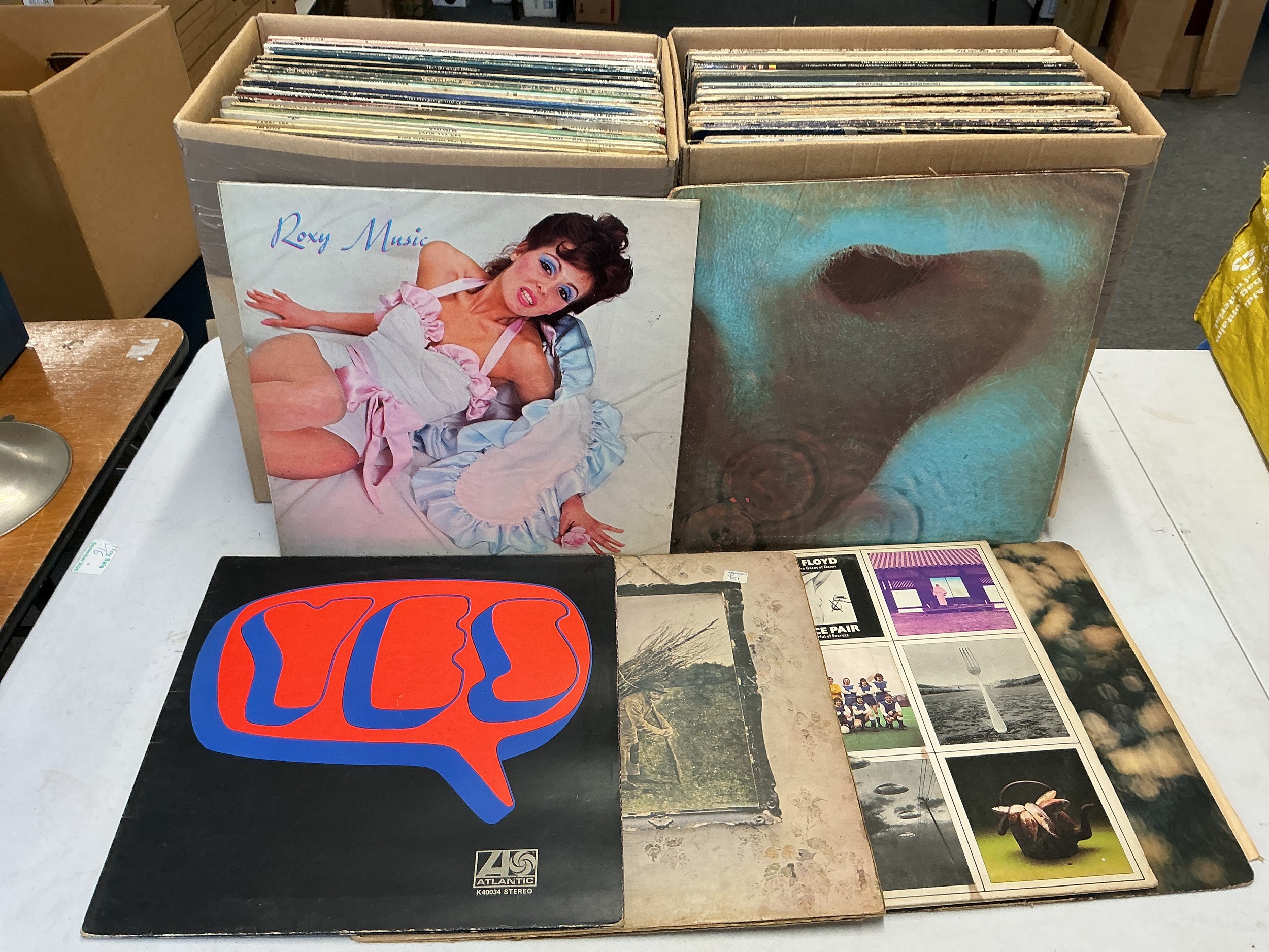 Two boxes of LPs by various artists including Led Zeppelin, Pink Floyd, Black Sabbath and others.
