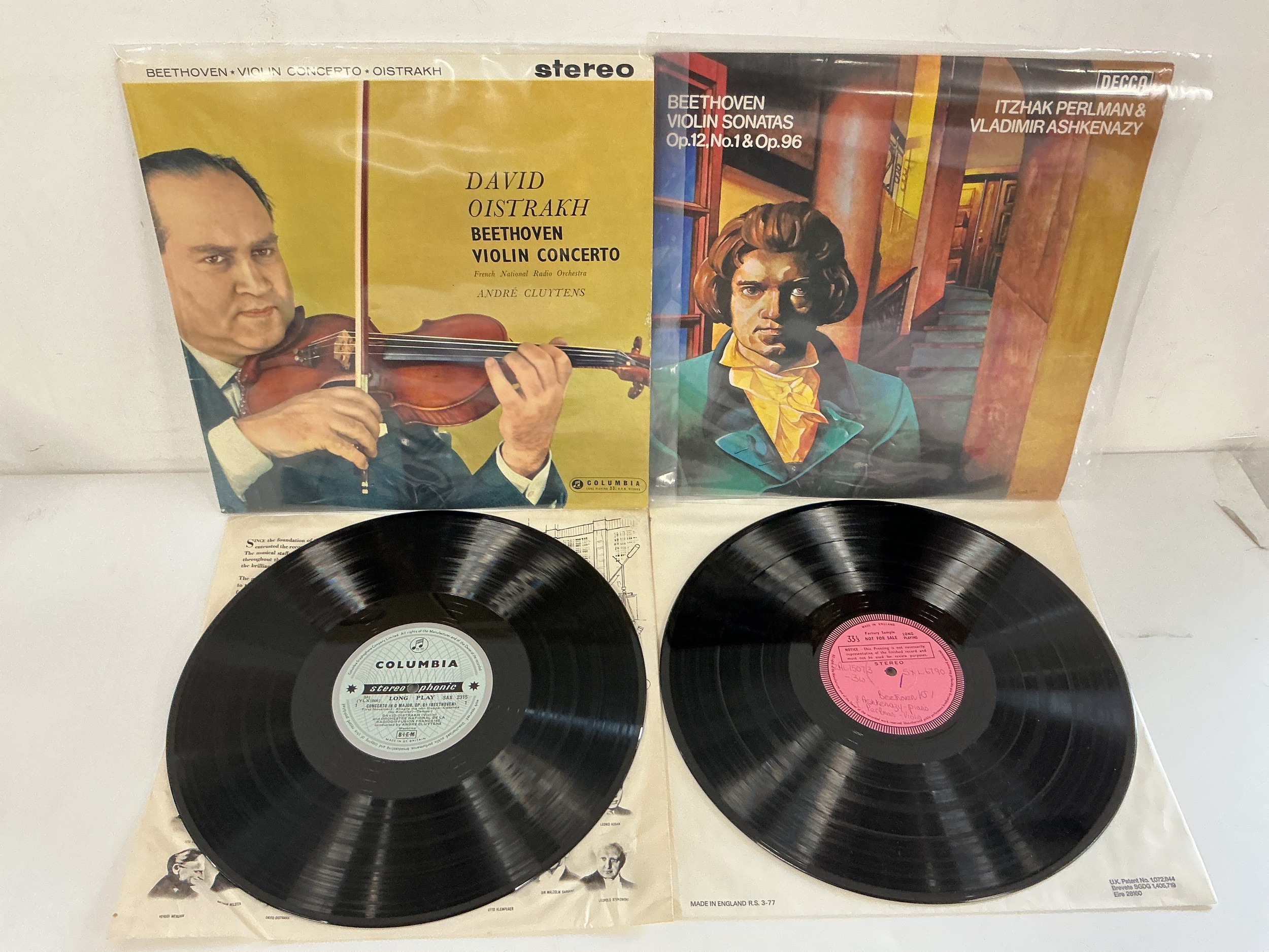 Two classical music LPs comprising a rare David Oistrakh - Beethoven Violin Concerto on Columbia and in Stereo plus a demo disc of Beethoven Violin Sonatas by Itzhak Perlman and Vladimir Ashkenazy.
