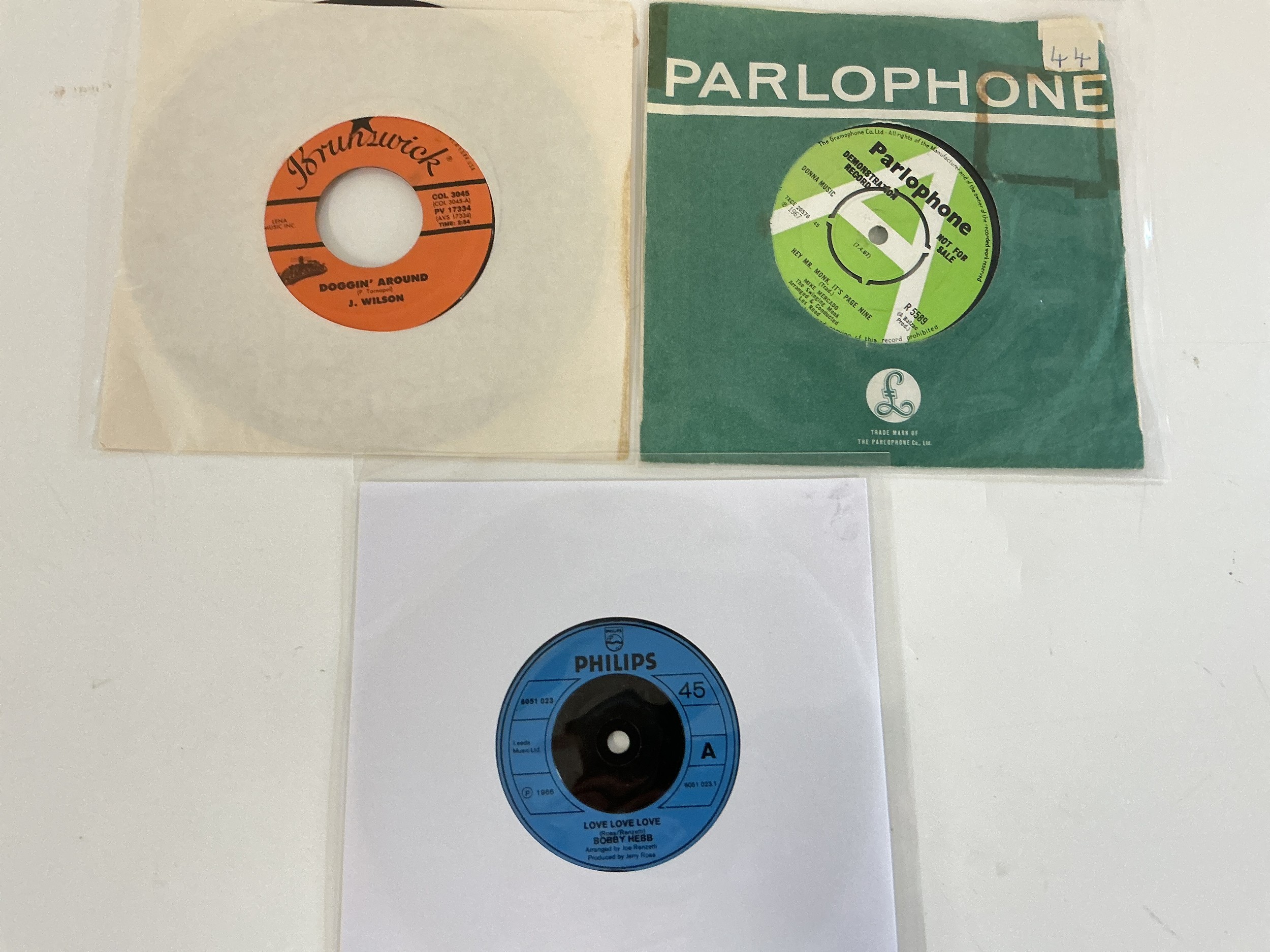 Three collectable 7" singles comprising promo and rare releases by Jackie Wilson, Mike Mercado and Bobby Hebb.