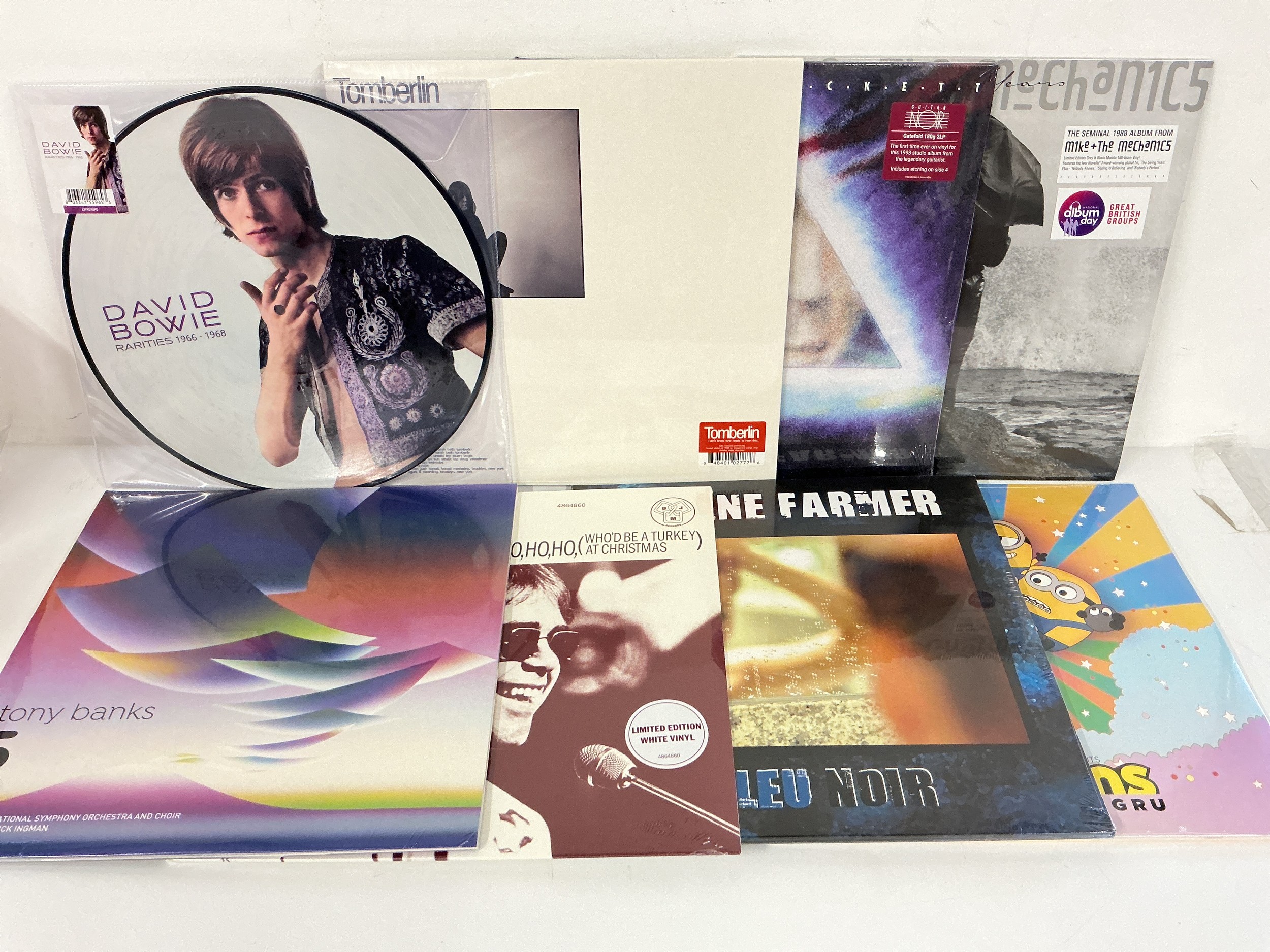 Eight new and sealed LPs and EPs by various artists including David Bowie, Steve Hackett, Elton John and others.