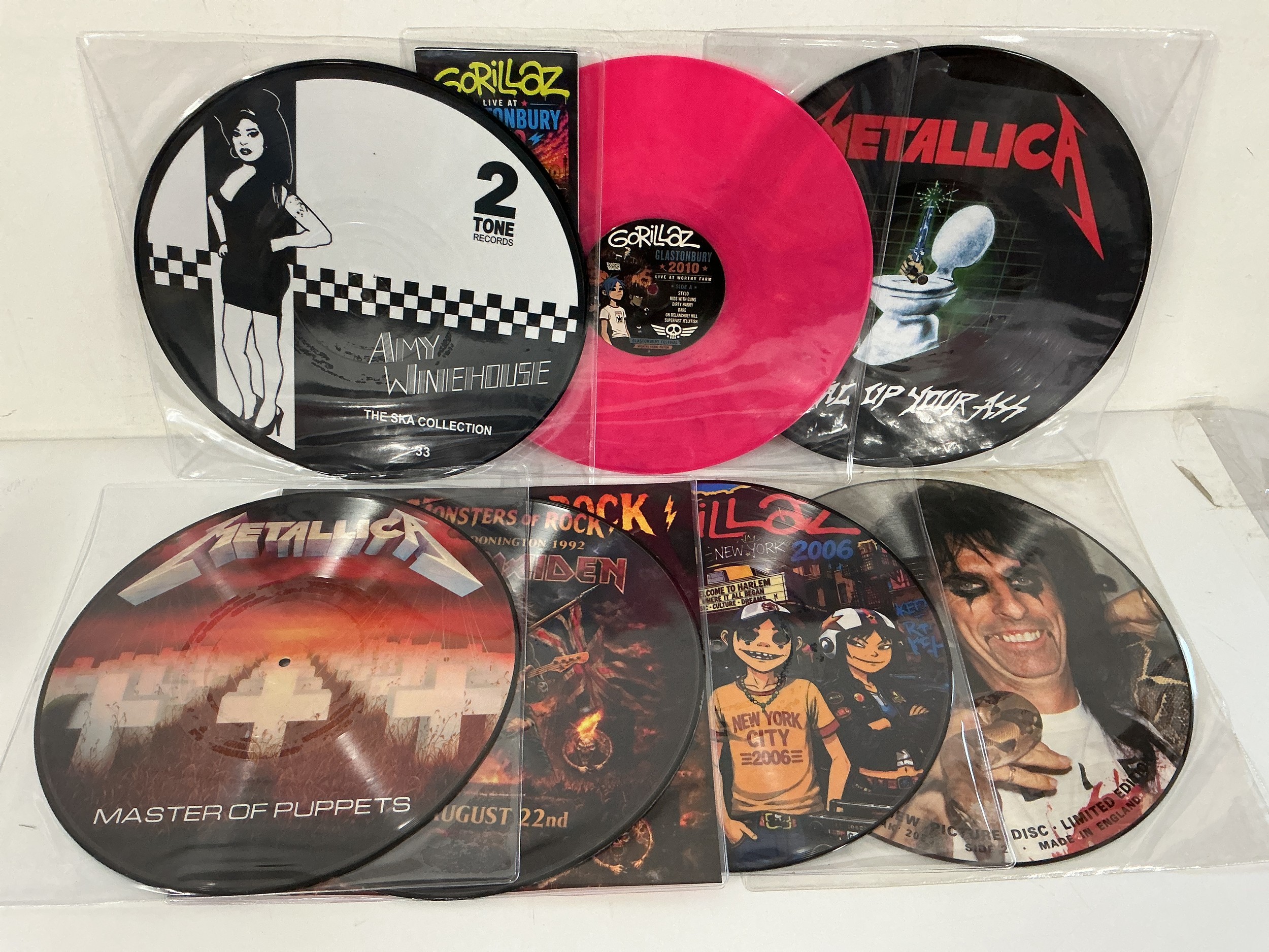 Seven LP picture discs by various artists including Metallica, Iron Maiden, Gorillaz and others.