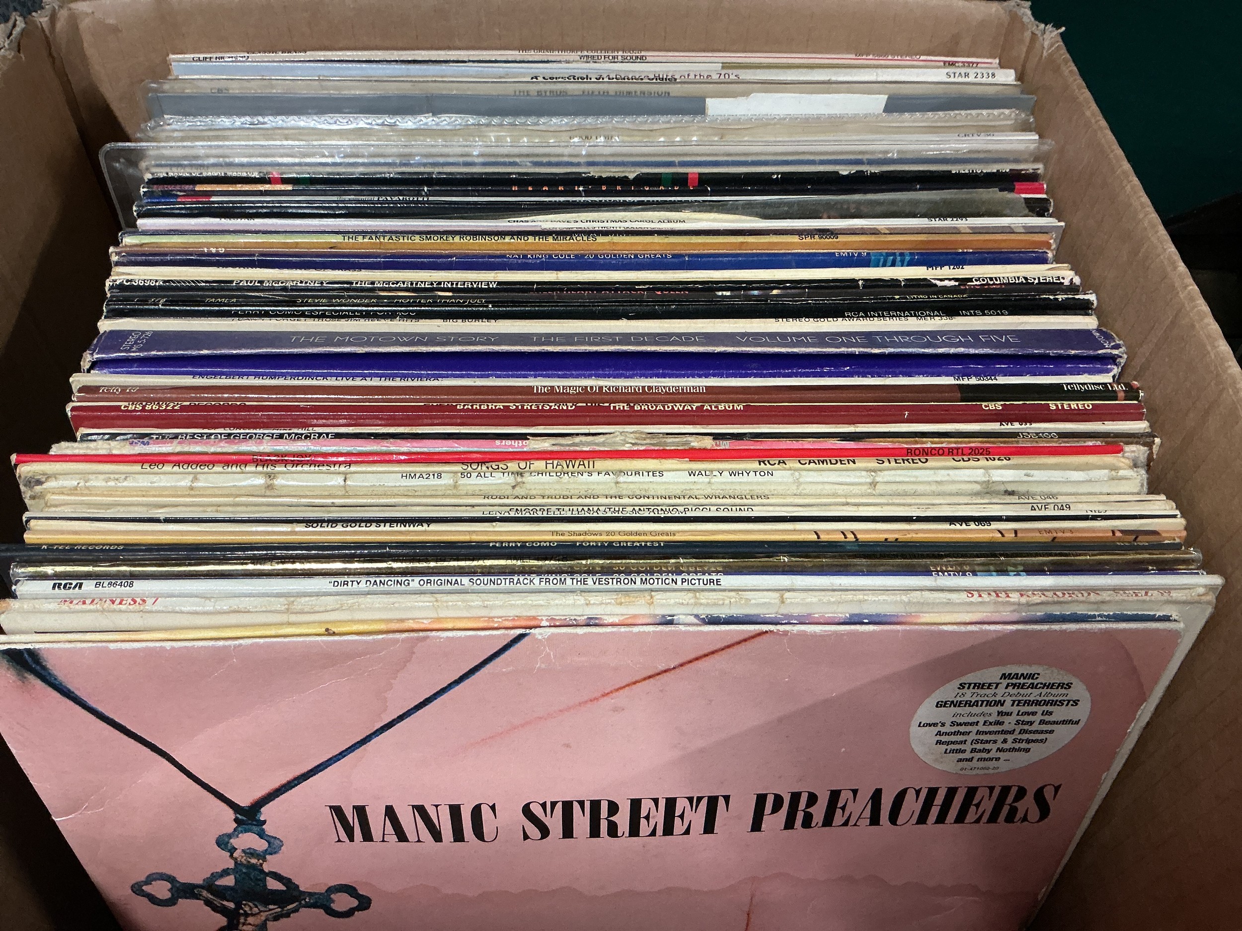 Two record cases and a box of LPs by various artists including Deep Purple, The Byrds, Manic Street Preachers, George Michael and many more.