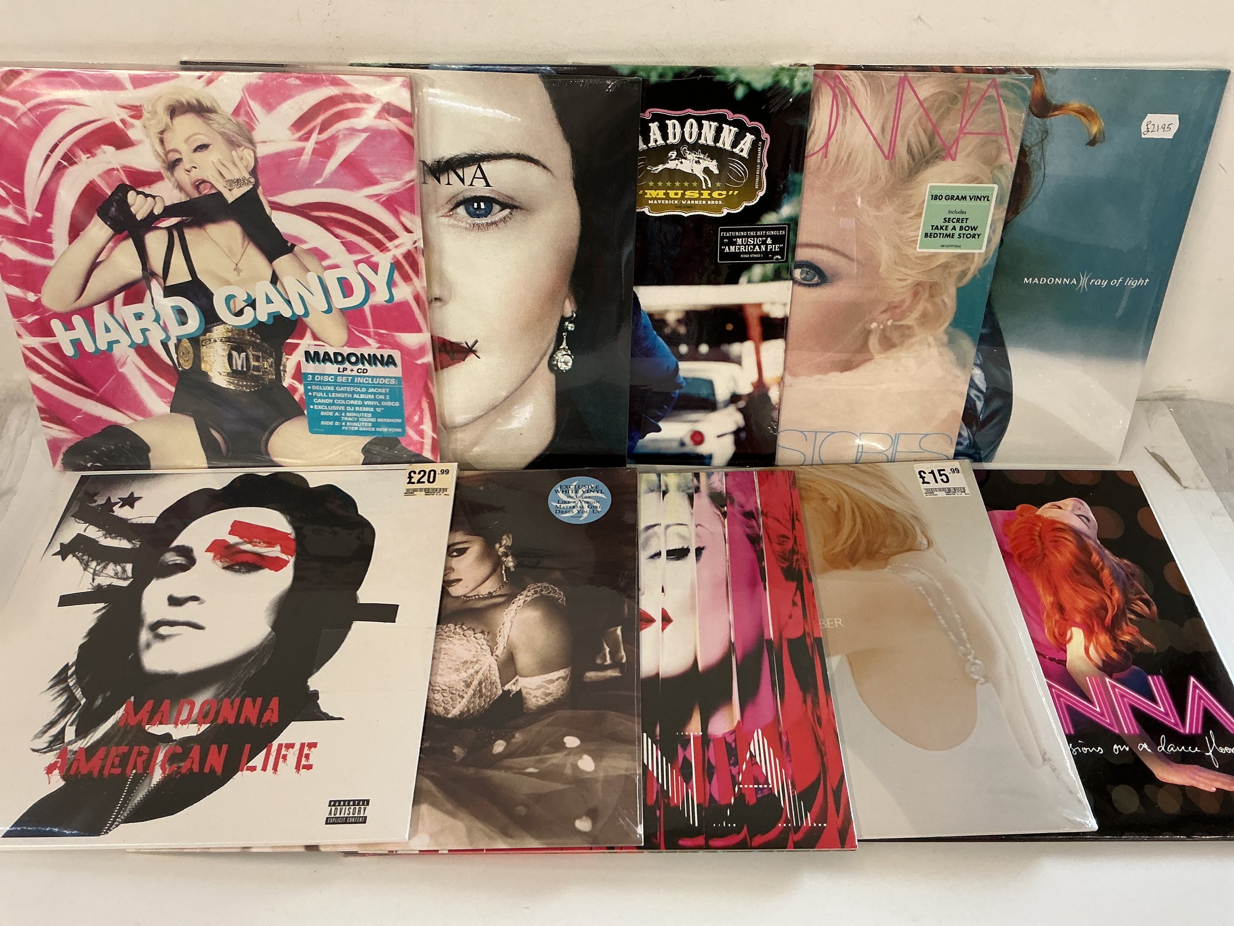 Two bags containing ten Madonna LPs comprising some sealed 180g pressings and coloured vinyl.