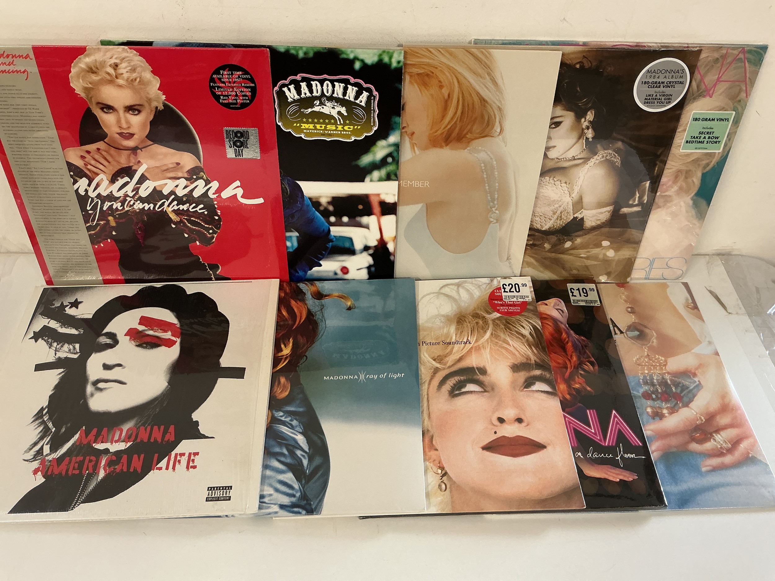 Ten Madonna LPs comprising mainly sealed 180g pressings, an RSD exclusive, coloured vinyl etc.