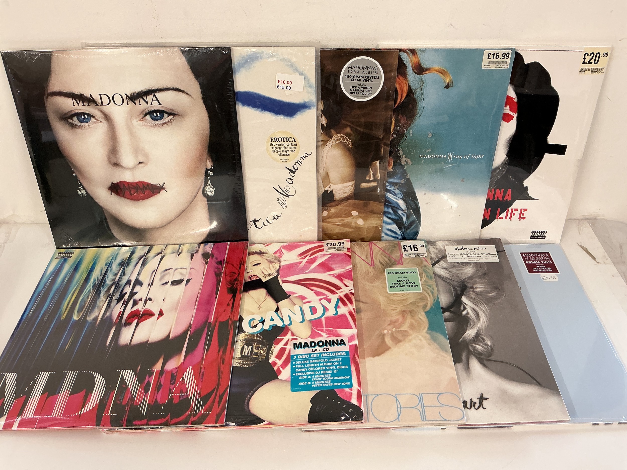 Two bags containing ten Madonna LPs comprising mostly sealed 180g pressings including coloured vinyl.