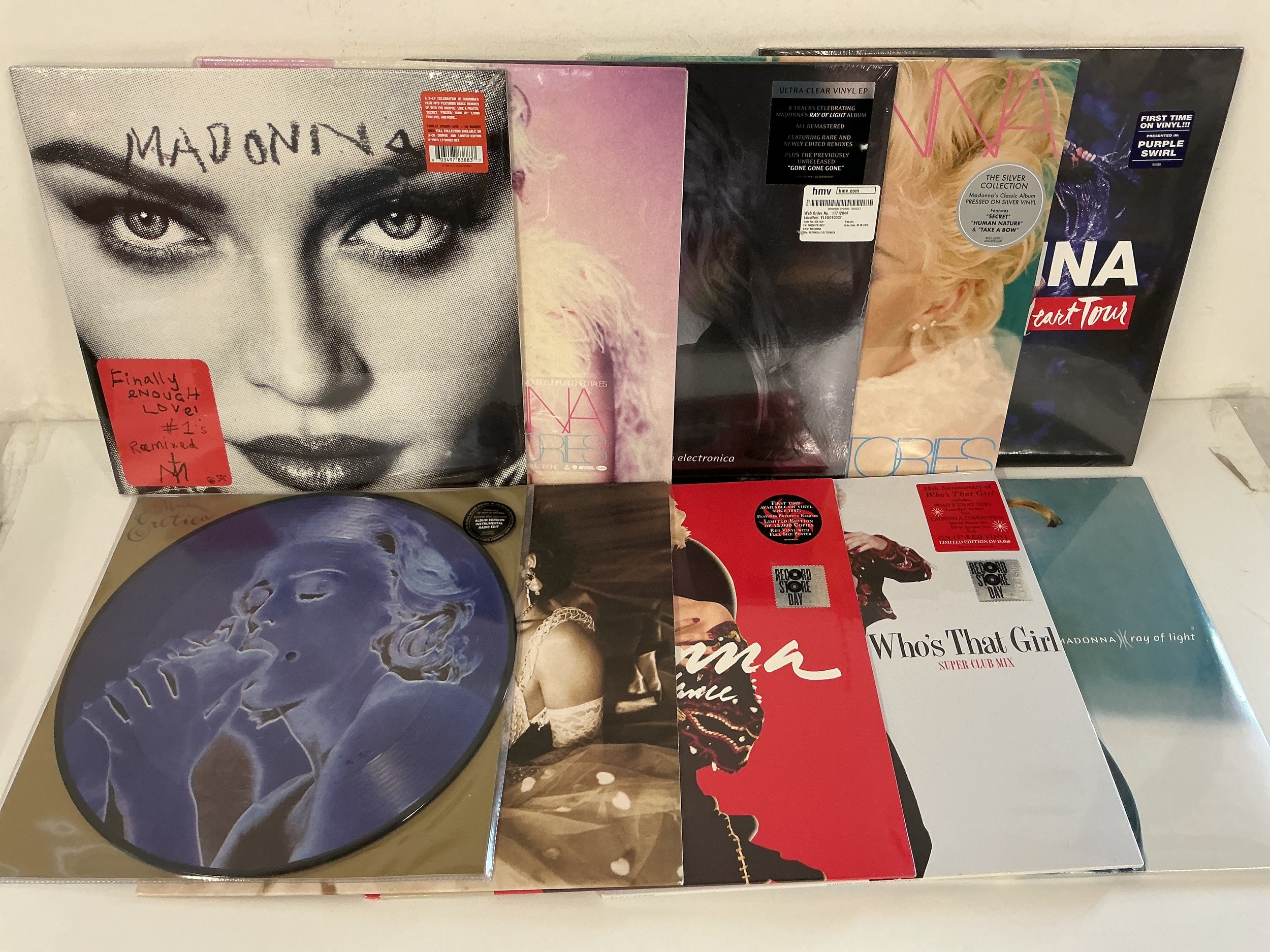 Ten Madonna LPs and a 12" single comprising mainly sealed 180g pressings plus RSD exclusives and coloured vinyl.