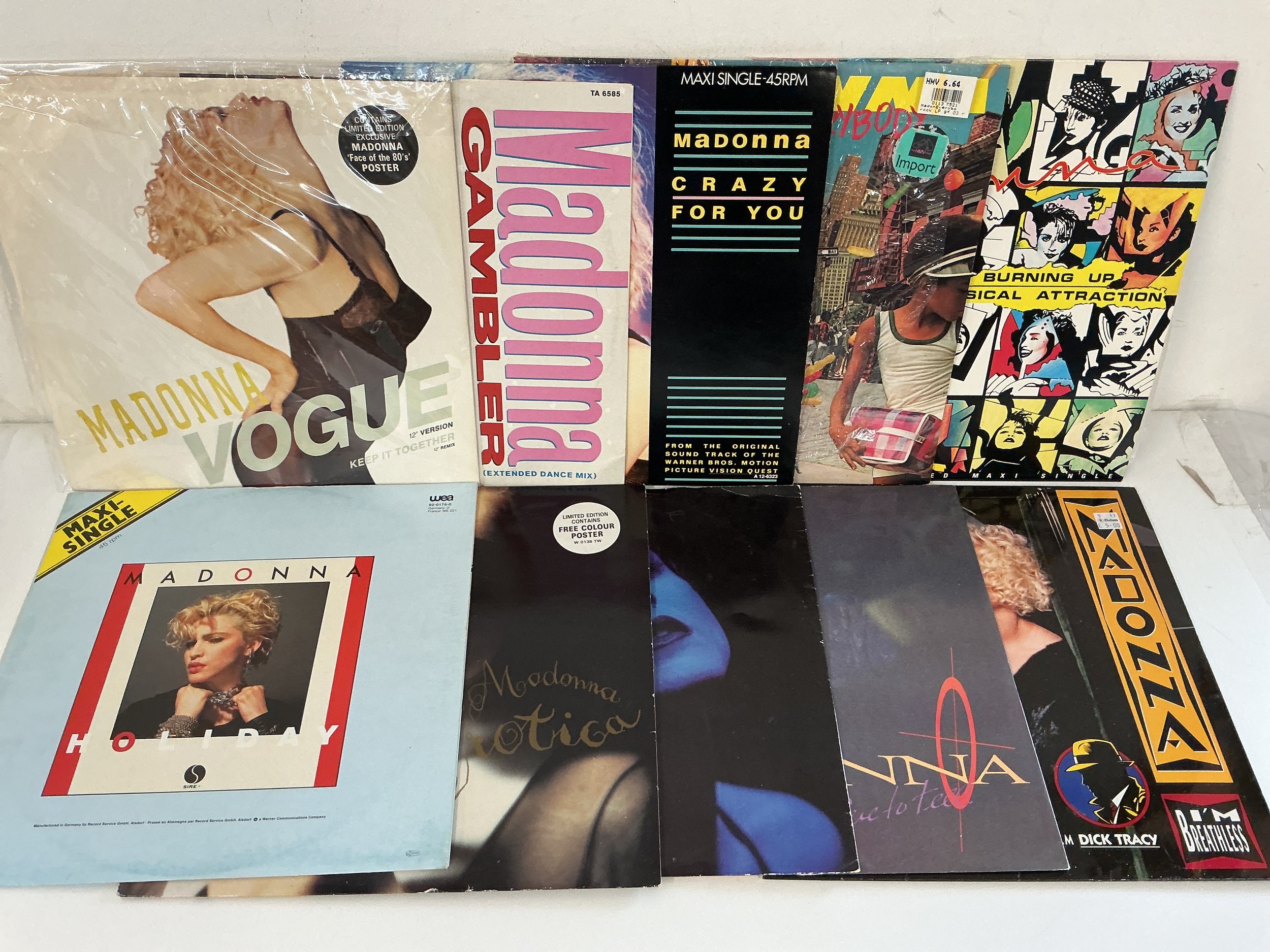 Twenty Madonna 12" singles including Crazy For You, Vogue, Who's That Girl? and others. Includes RSD exclusives and coloured vinyl.