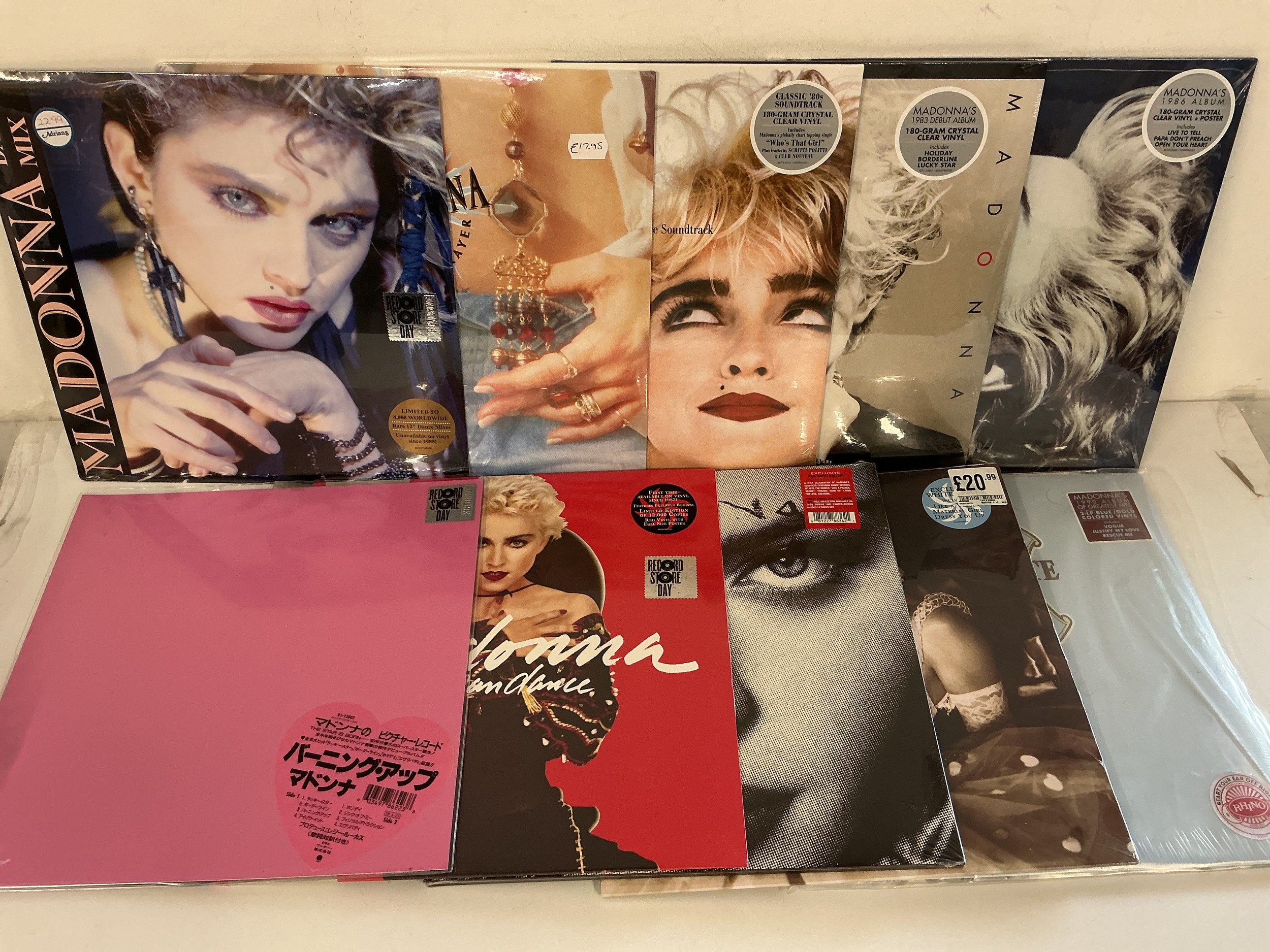 Ten Madonna LPs and a 12" single comprising mostly sealed 180g pressings including RSD exclusives and coloured vinyl.