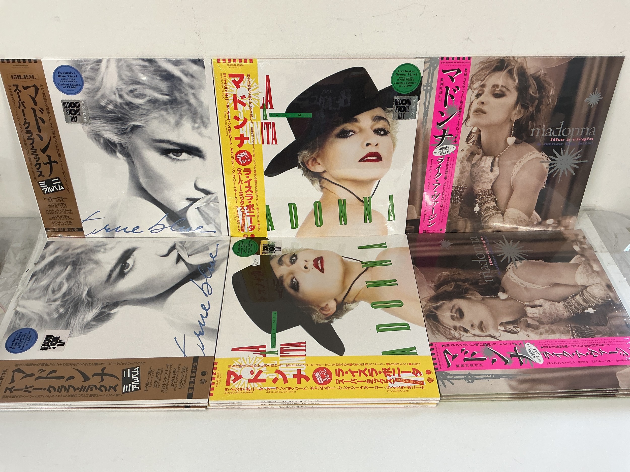 Twelve Japanese import RSD exclusive Madonna 12" singles comprising four copies each of Like A Virgin, La Isla Bonita and True Blue. All on coloured vinyl.