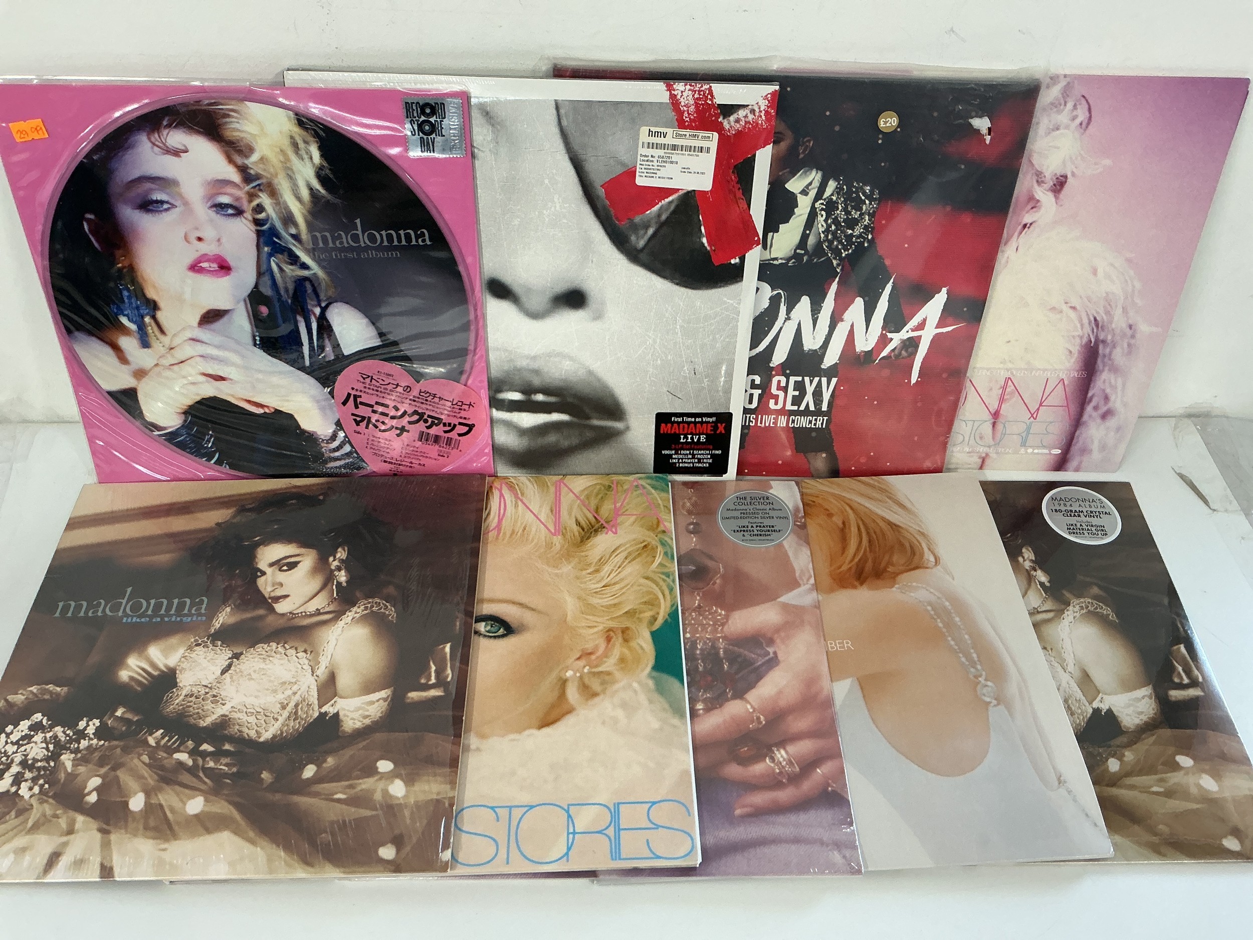 Nine Madonna LPs including some sealed 180g pressings, coloured vinyl and RSD exclusives.