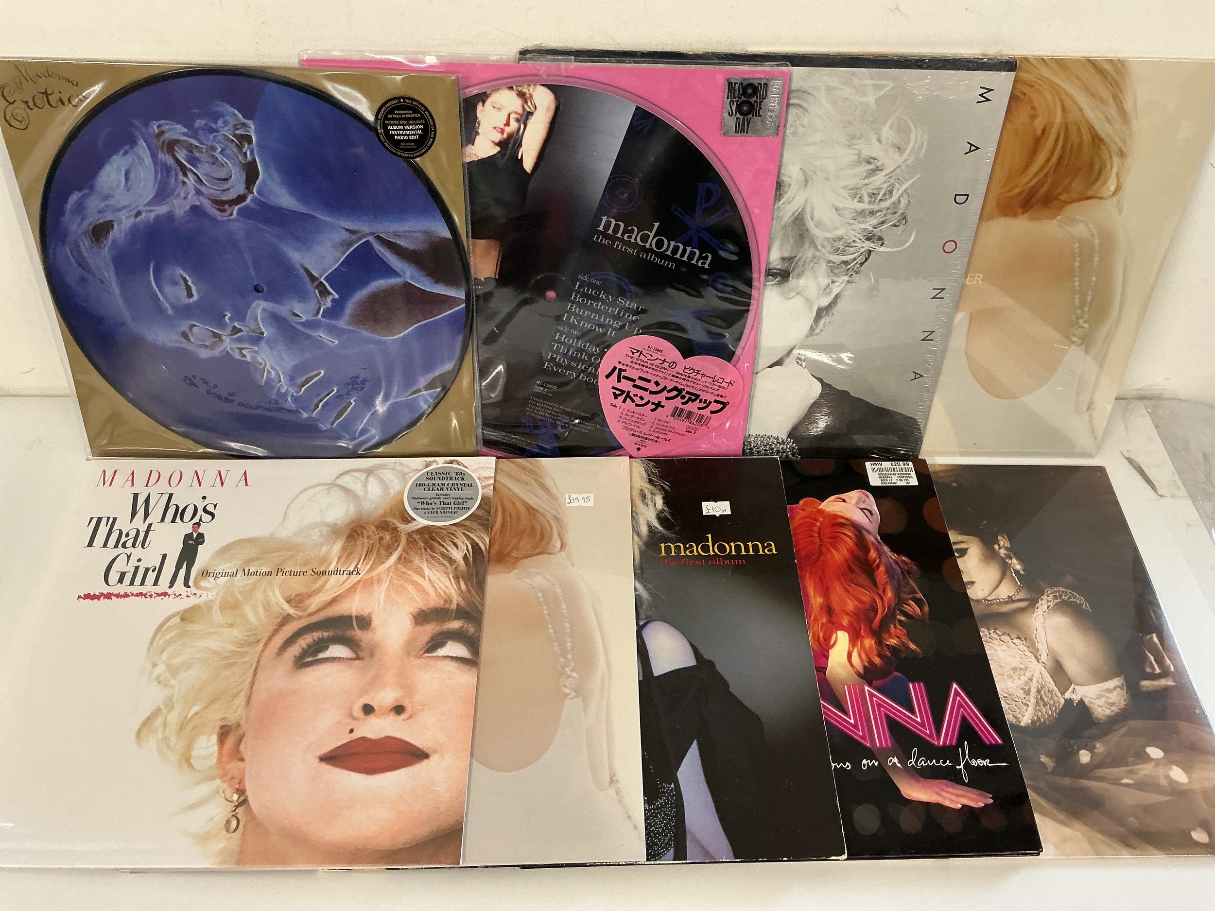 Nine Madonna LPs and 12" singles including RSD exclusives, picture discs and coloured vinyl. Some albums are still sealed.