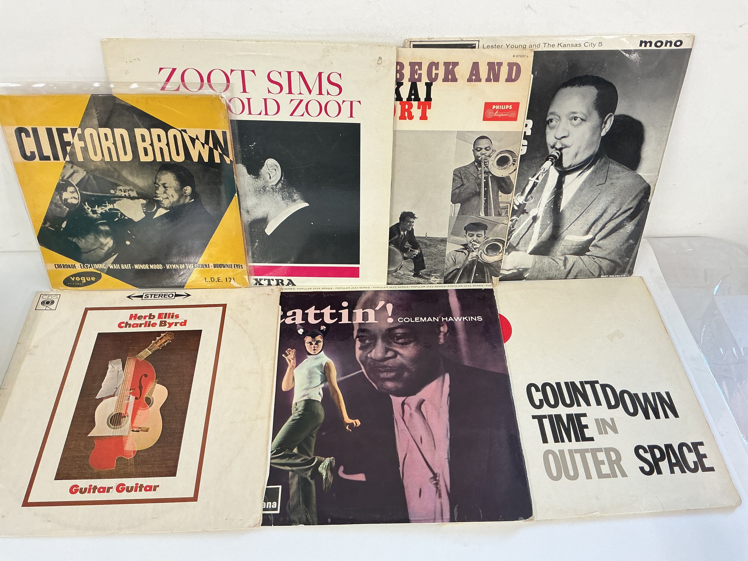 Two record cases of mainly jazz LPs by various artists including Lester Young, Zoot Sims, Coleman Hawkins and many more.