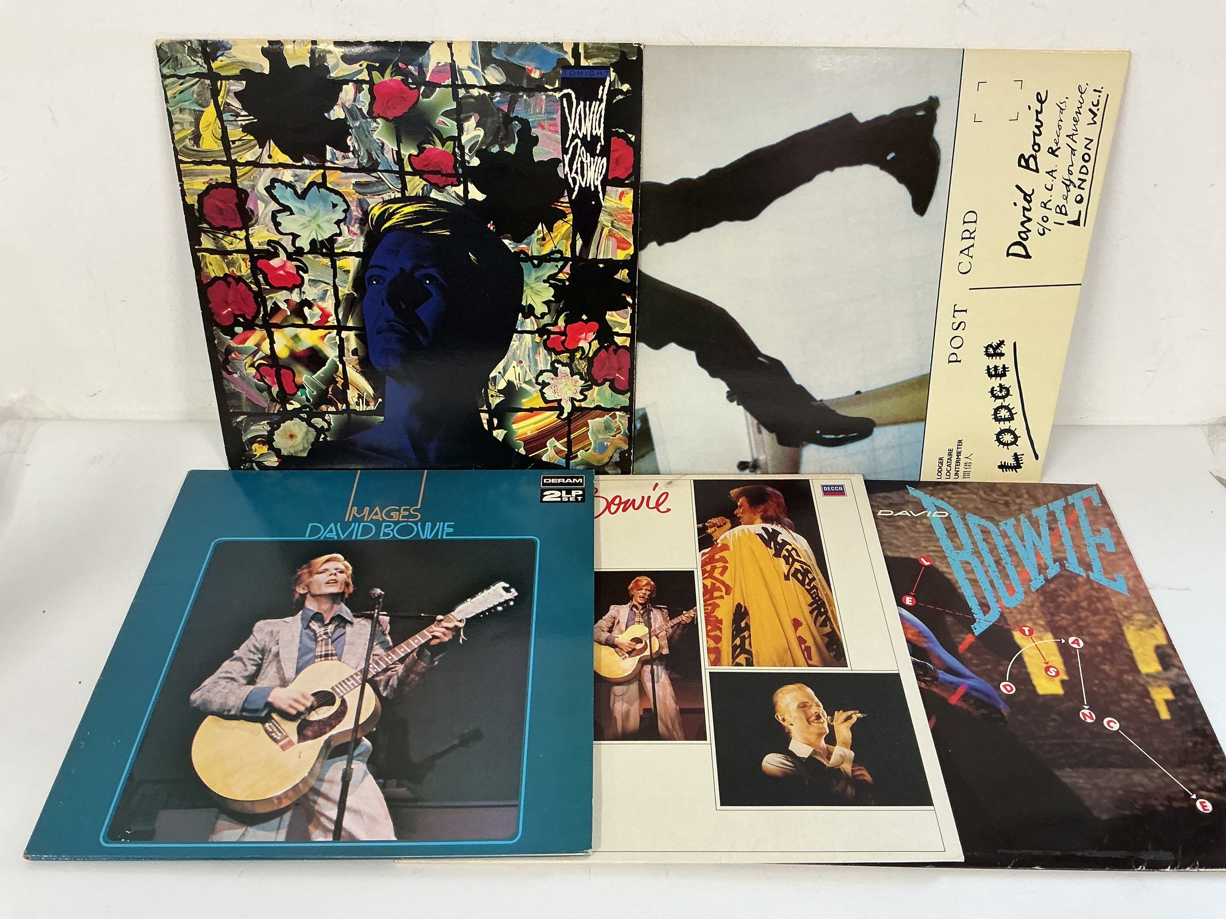 Five David Bowie LPs comprising Lodger, Tonight and others.