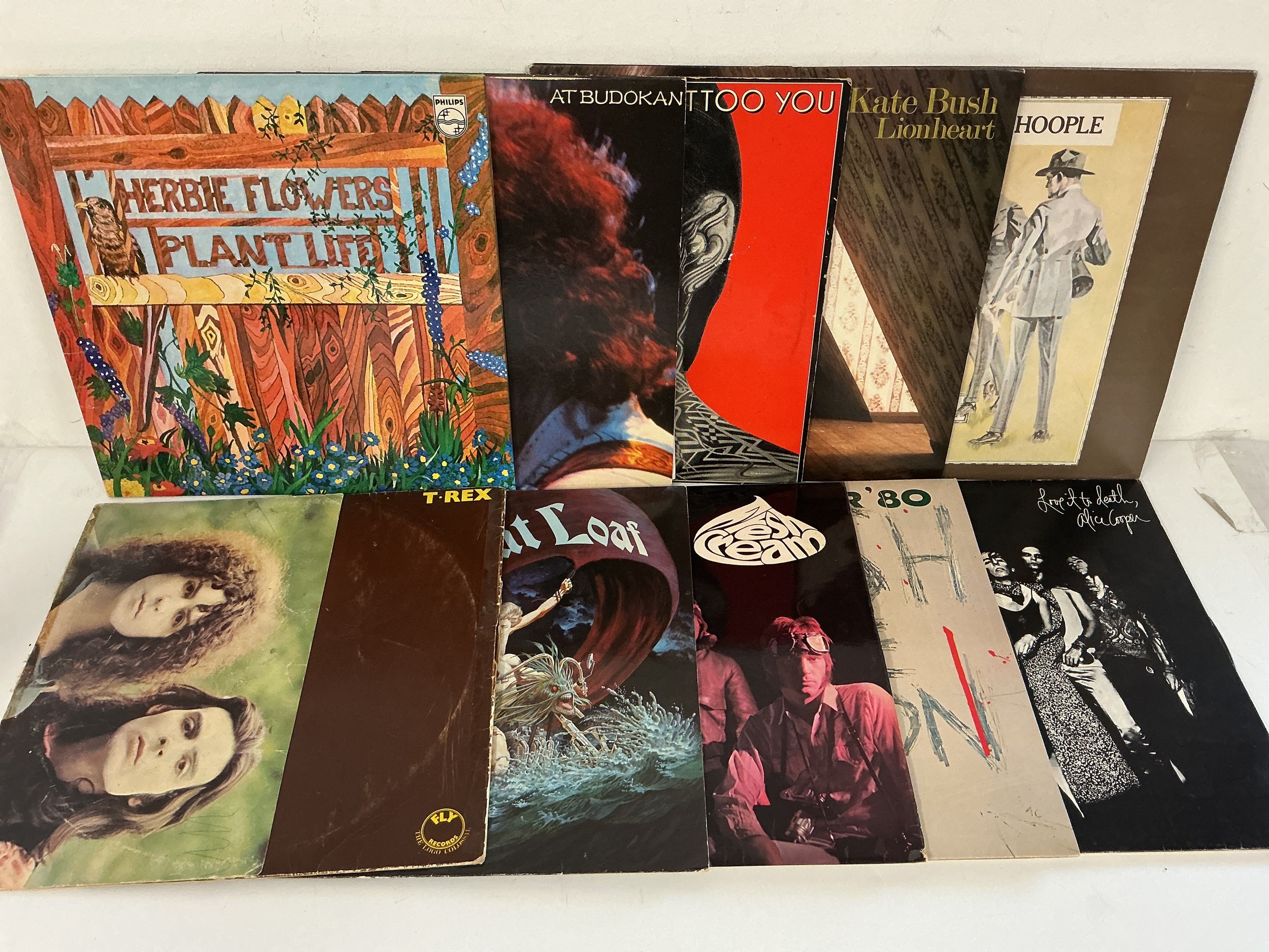 Two bags containing twenty LPs by various artists including T Rex, Cream, Alice Cooper and others.