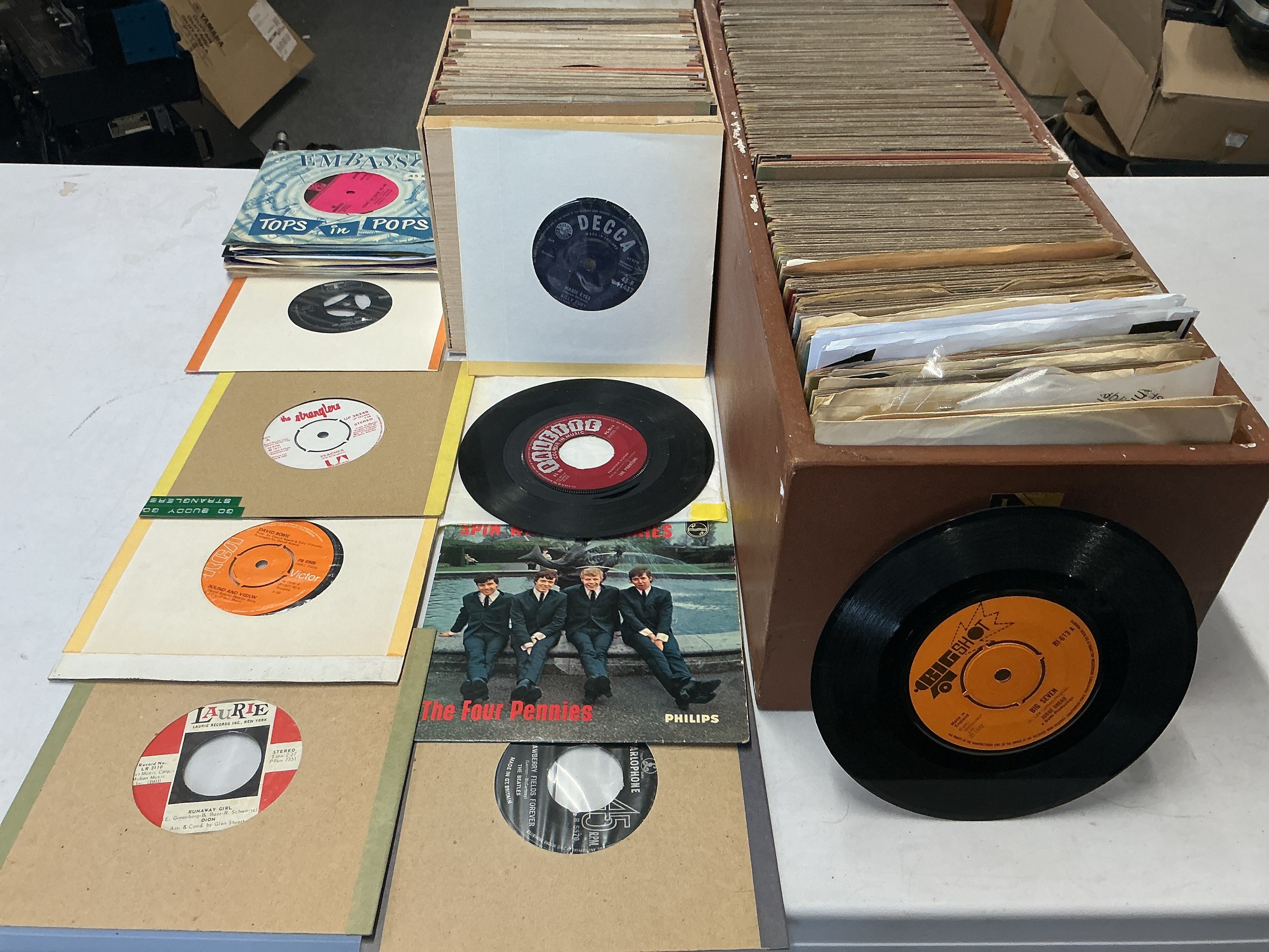 A large box plus one other of 1960s/70s 7" singles including David Bowie, T Rex, Jimi Hendrix and others.