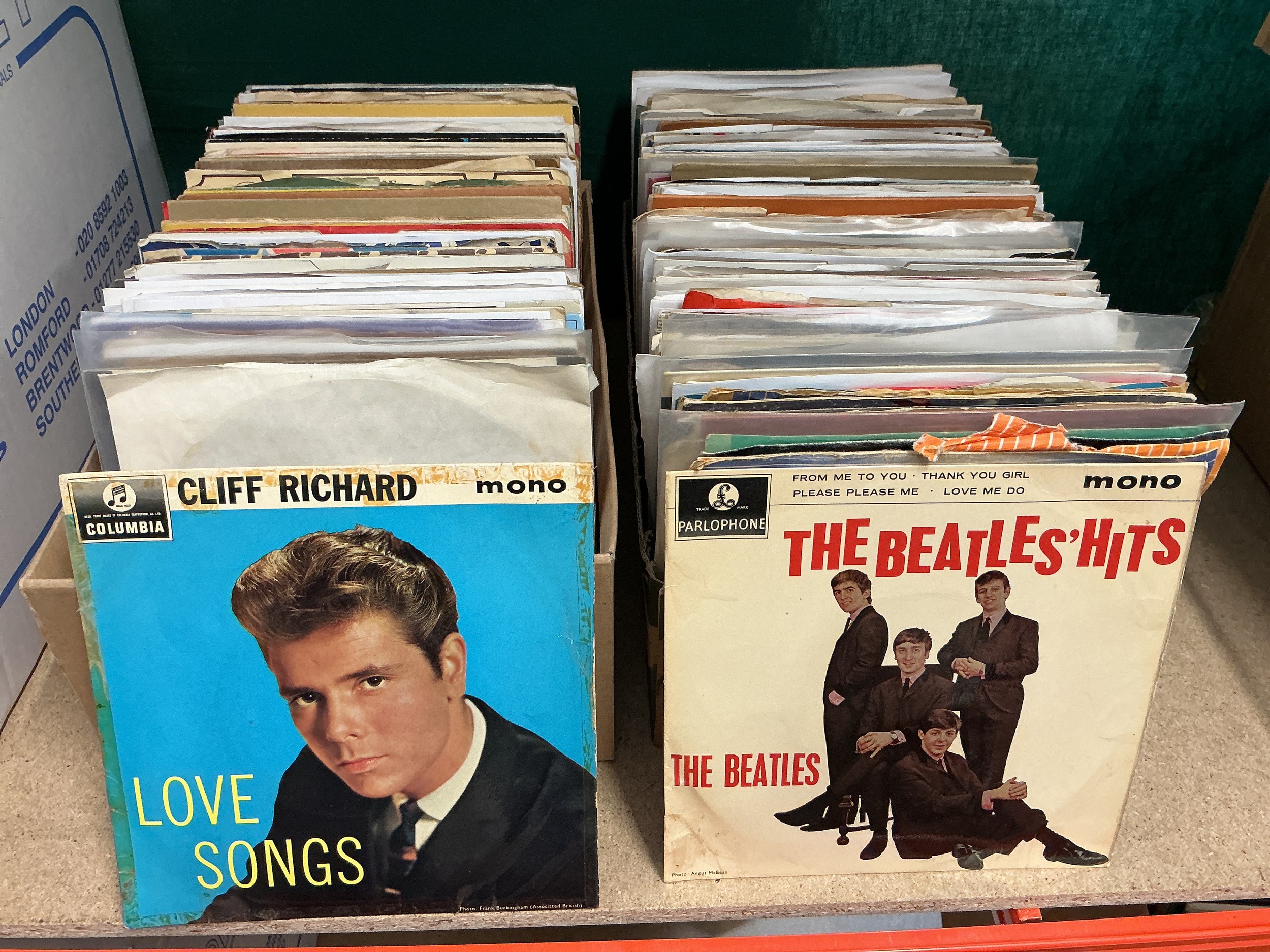 Six small boxes of 7" singles and EPS comprising mainly 1950s and 60s artists including The Beatles, Elvis Presley, Eddie Cochran, Buddy Holly and many more.