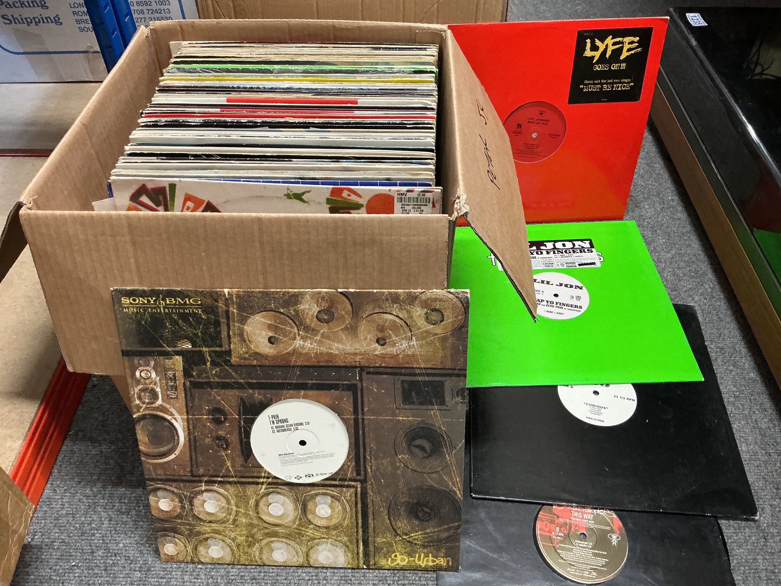 A box of hip hop, house and RnB LPs and 12" singles including white labels and promos.