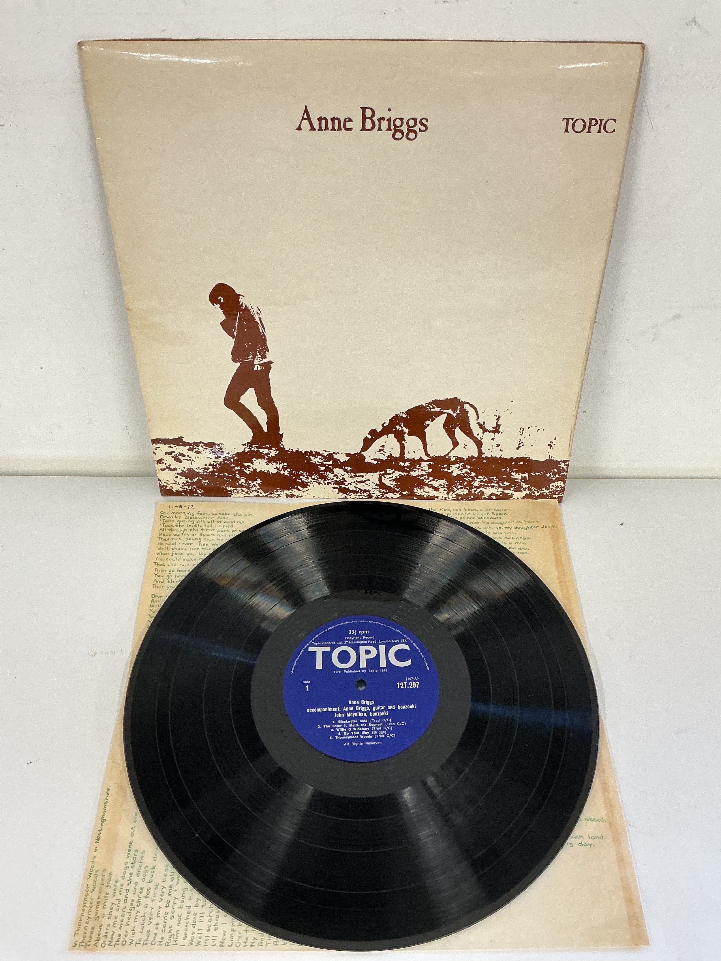 A first UK pressing of the 1971 self titled Anne Briggs LP on the Topic label, 12T 207. Vinyl EX.