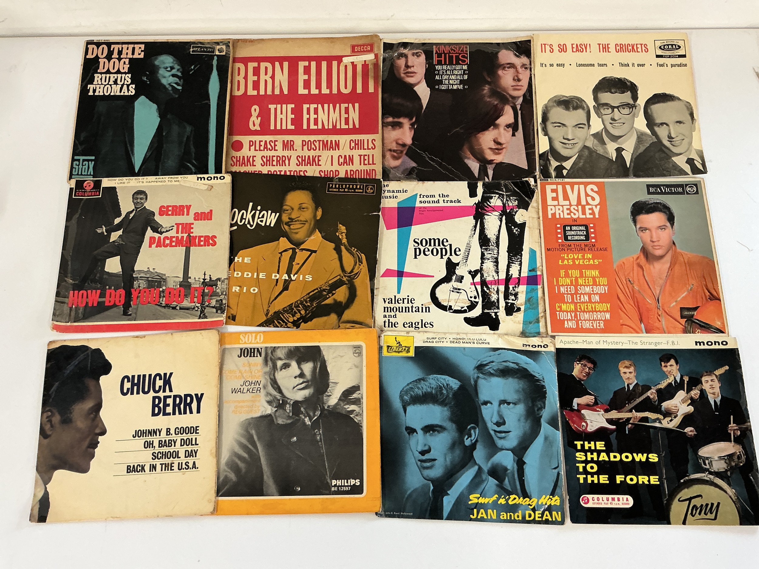 A record case of EPs by various artists including The Kinks, Elvis Presley, Rufus Thomas and others.
