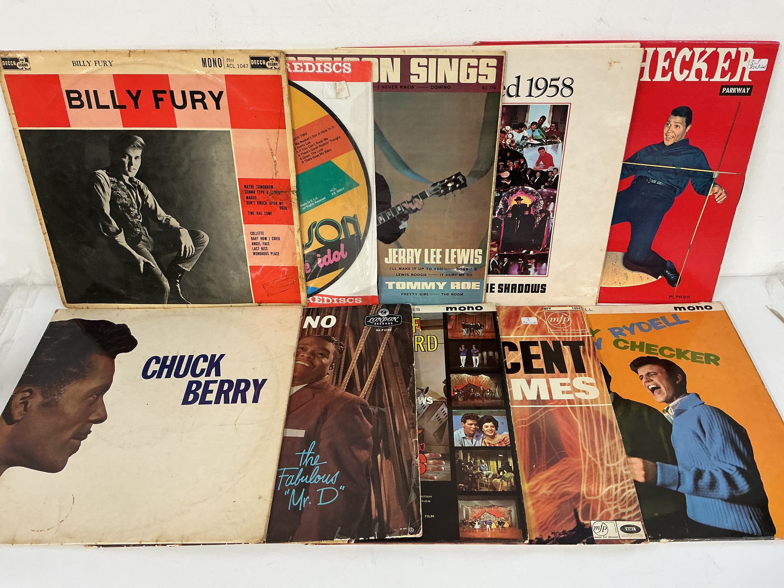 A collection of rock n roll LPs by various artists including Billy Fury, Gene Vincent, Chuck Berry, Buddy Holly and others.