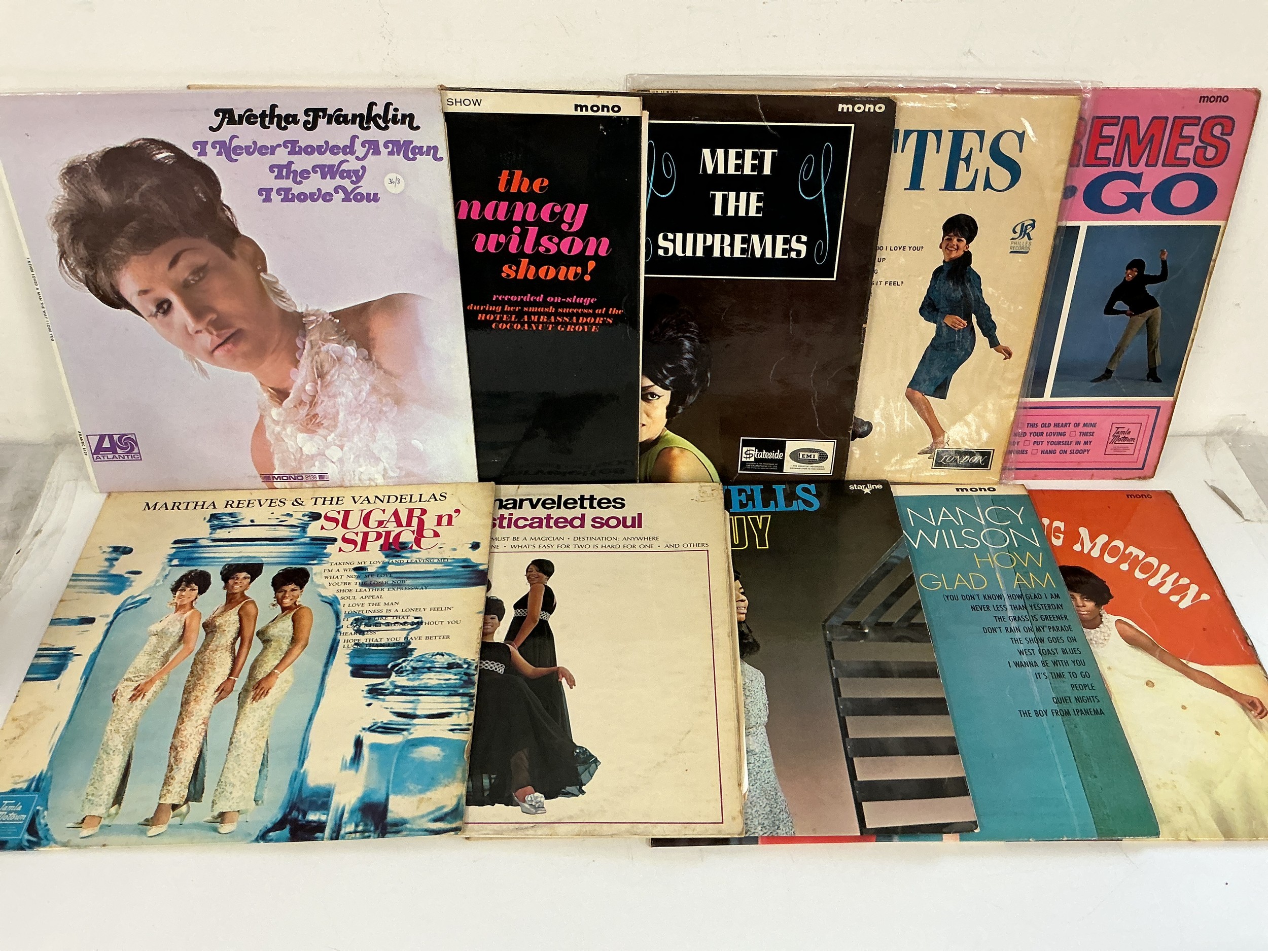 Two bags containing 20 LPs comprising soul and Motown girl groups including The Supremes, Mary Wells, Aretha Franklin and others.
