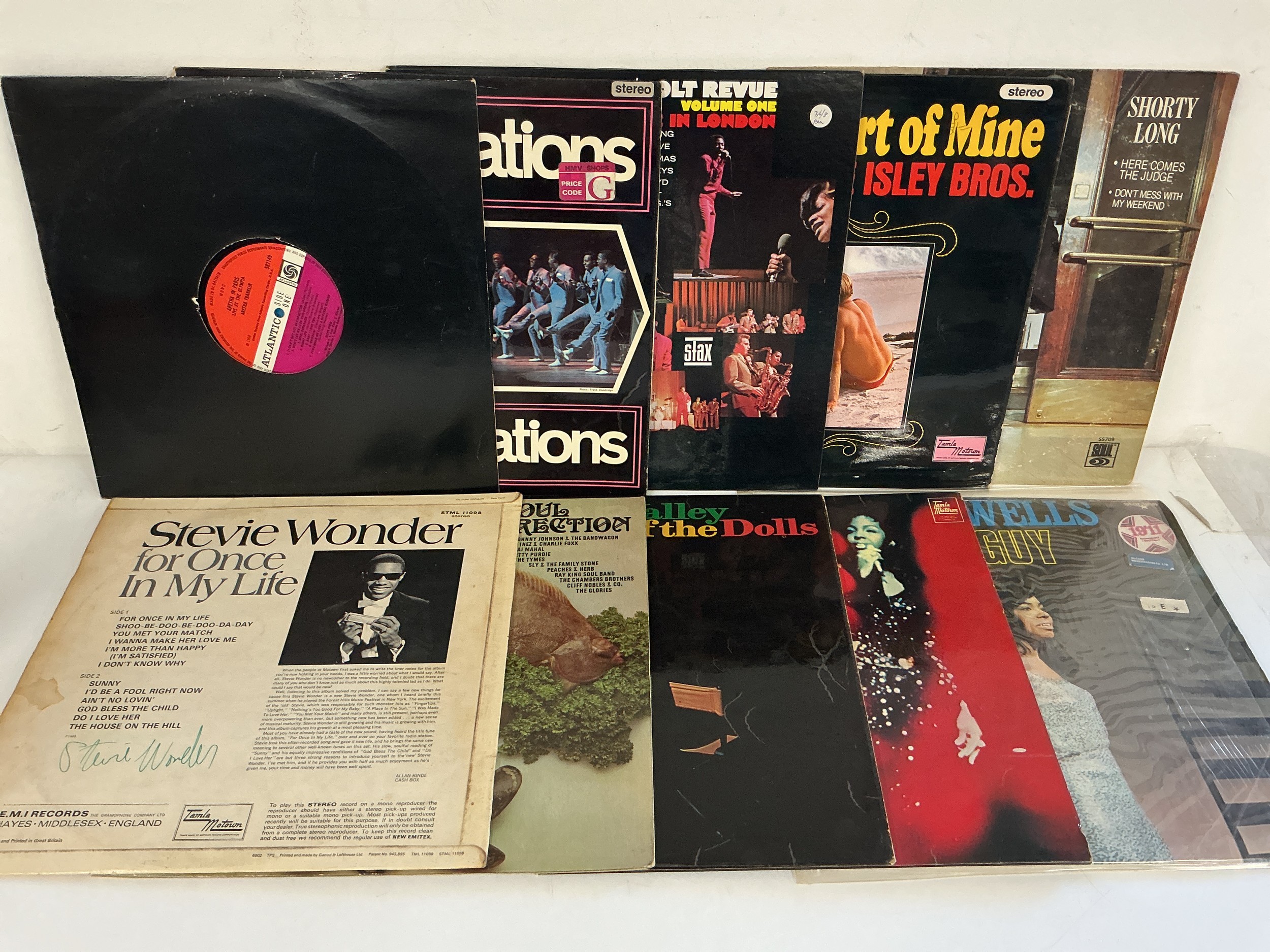 Two bags containing 20 soul LPs by various artists including Stevie Wonder (signed LP, no COA), Jimmy Ruffin, Ben E King and others.