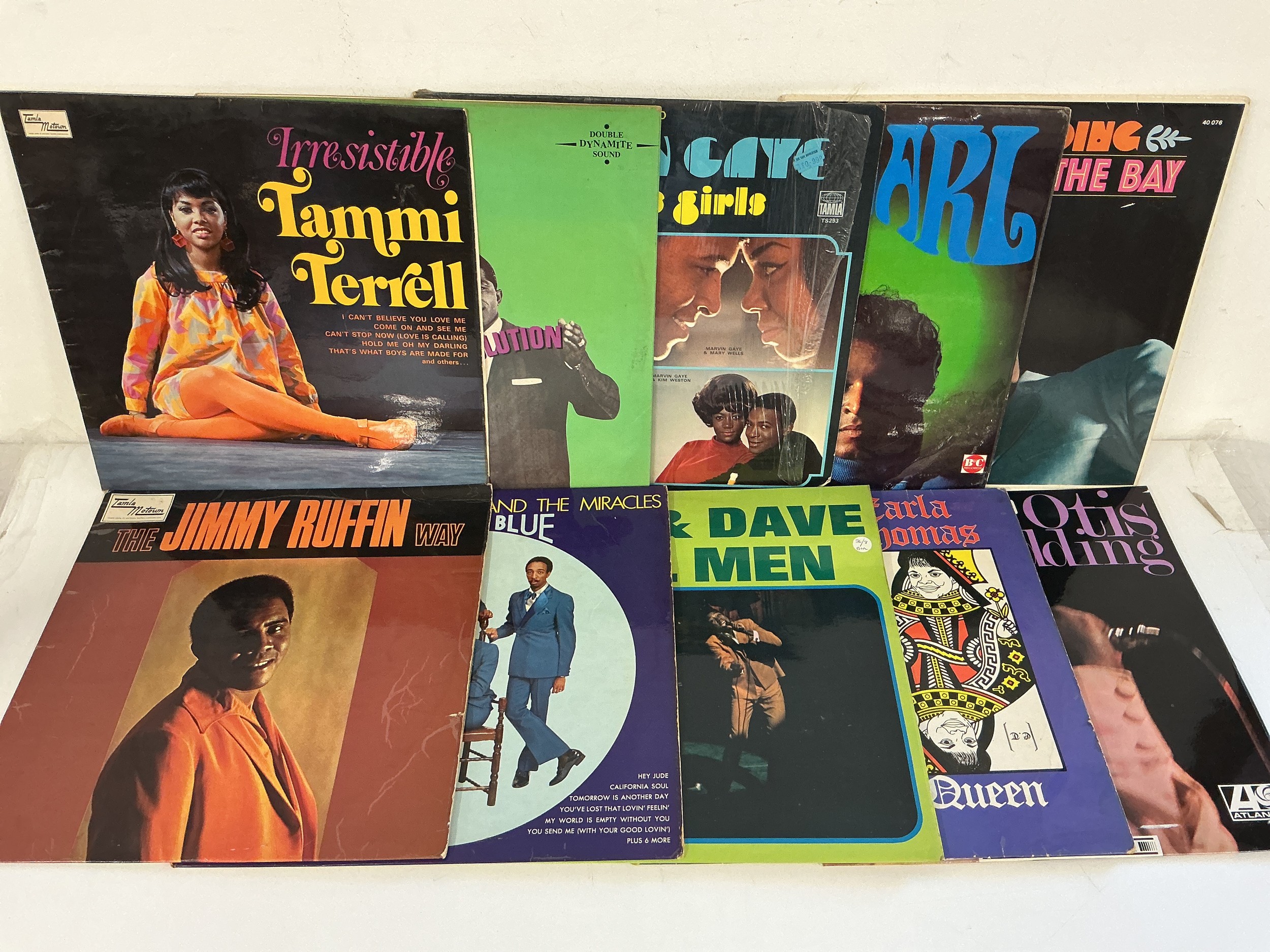 Two bags containing 20 soul LPs by various artists including Sam & Dave, Otis Redding, Tammi Terrell and others.