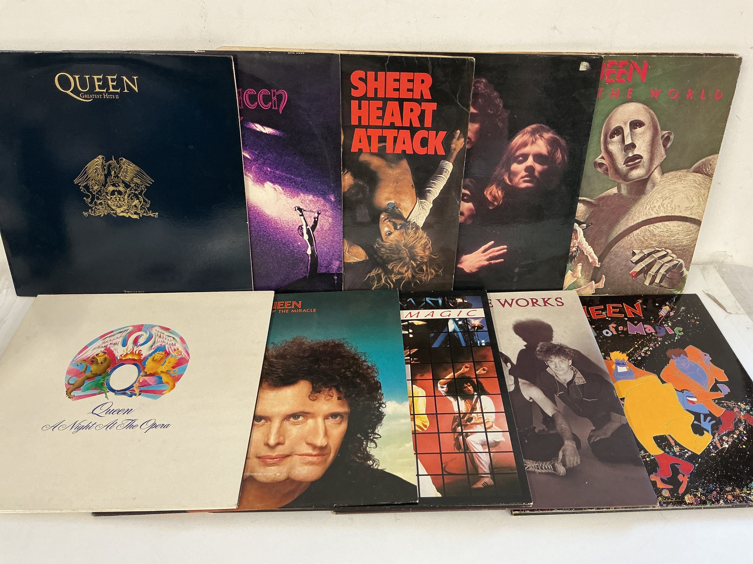 Ten Queen LPs comprising A Night At The Opera, Queen II, Sheer Heart Attack and others.