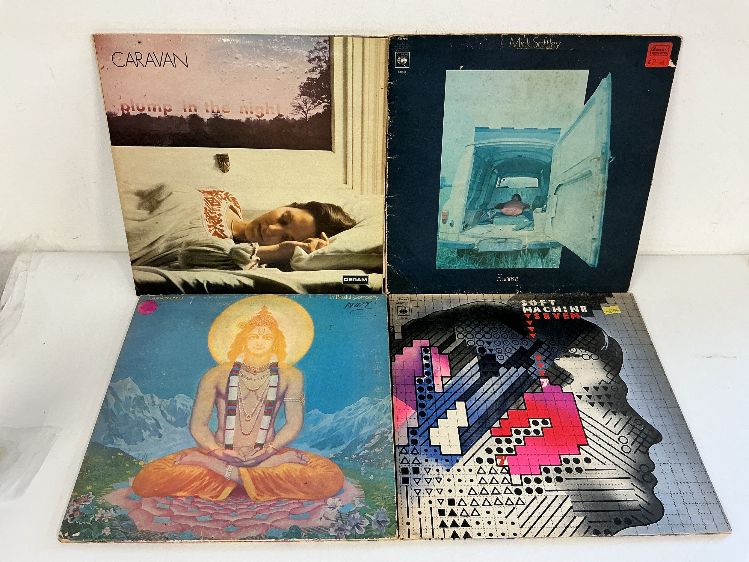 Four prog and psych rock LPs by Caravan, Soft Machine, Mick Softley and Quintessence.