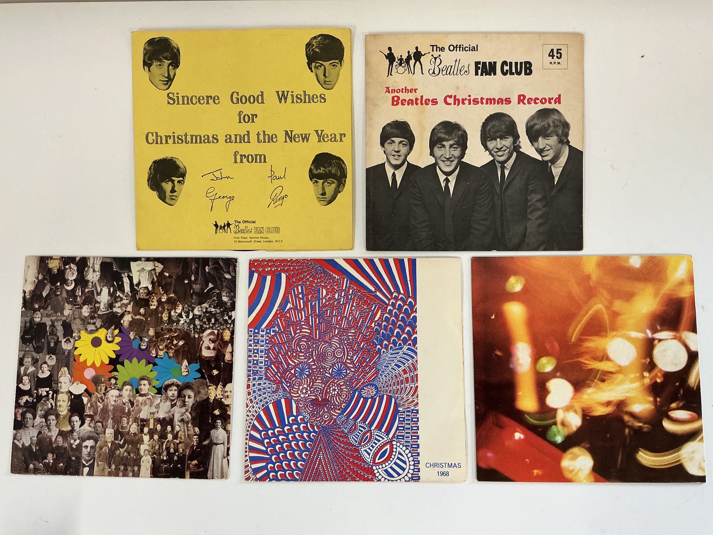 Five Beatles fan club Christmas flexi discs from 1963, 1964, 1967, 1968 and 1969.