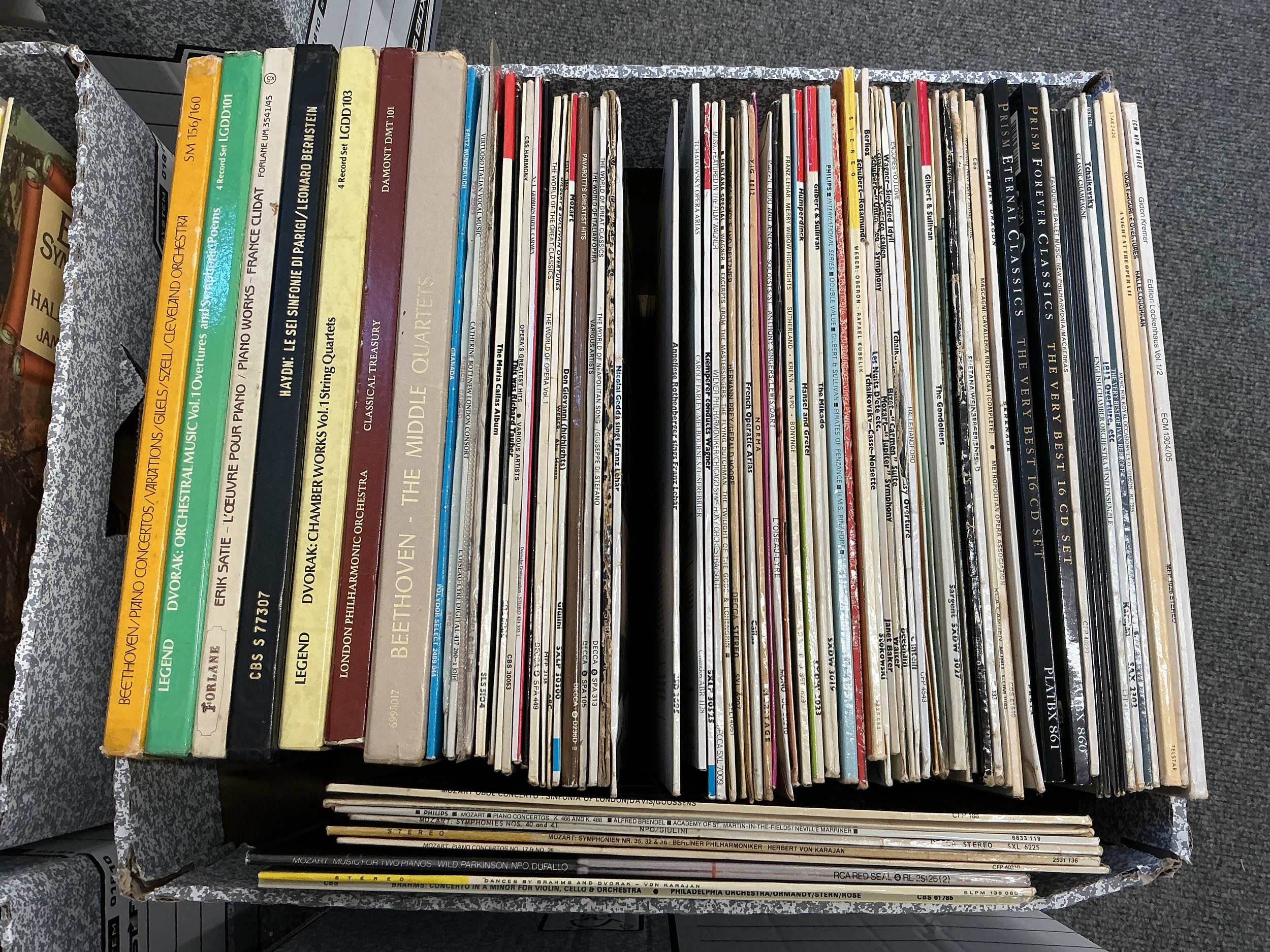 Four boxes of classical music LPs by various composers and artists including Mozart, Wagner, Beethoven, Nicolas Gedda and many more.