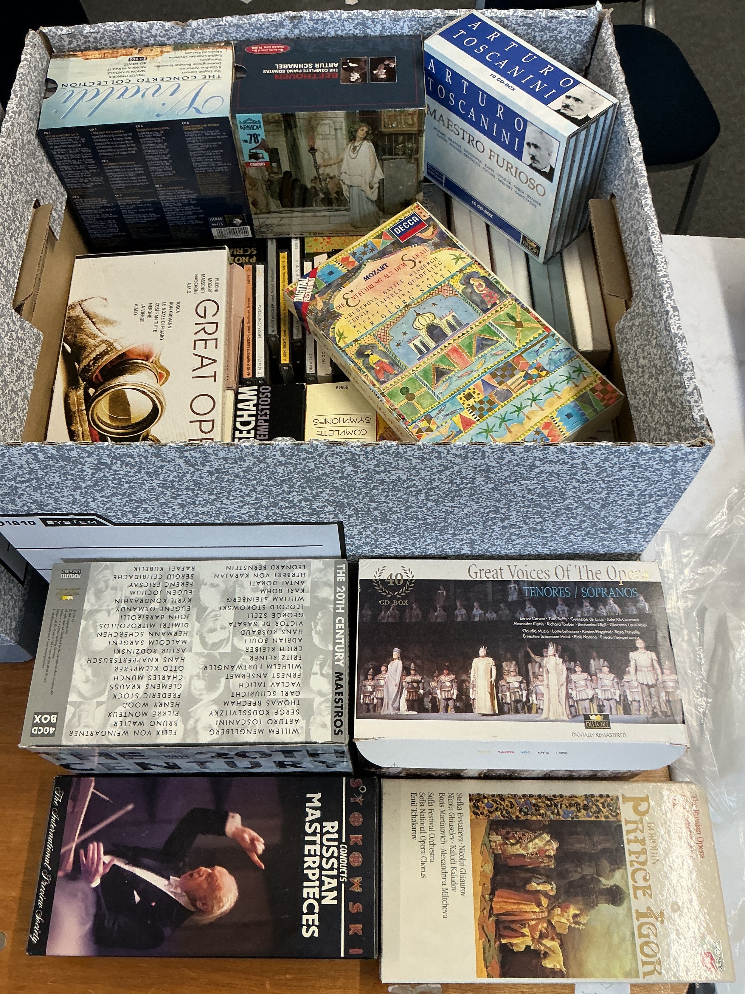 Four boxes of classical music CDs including box sets. Various composers including Verdi, Bizet, Schubert and many more.