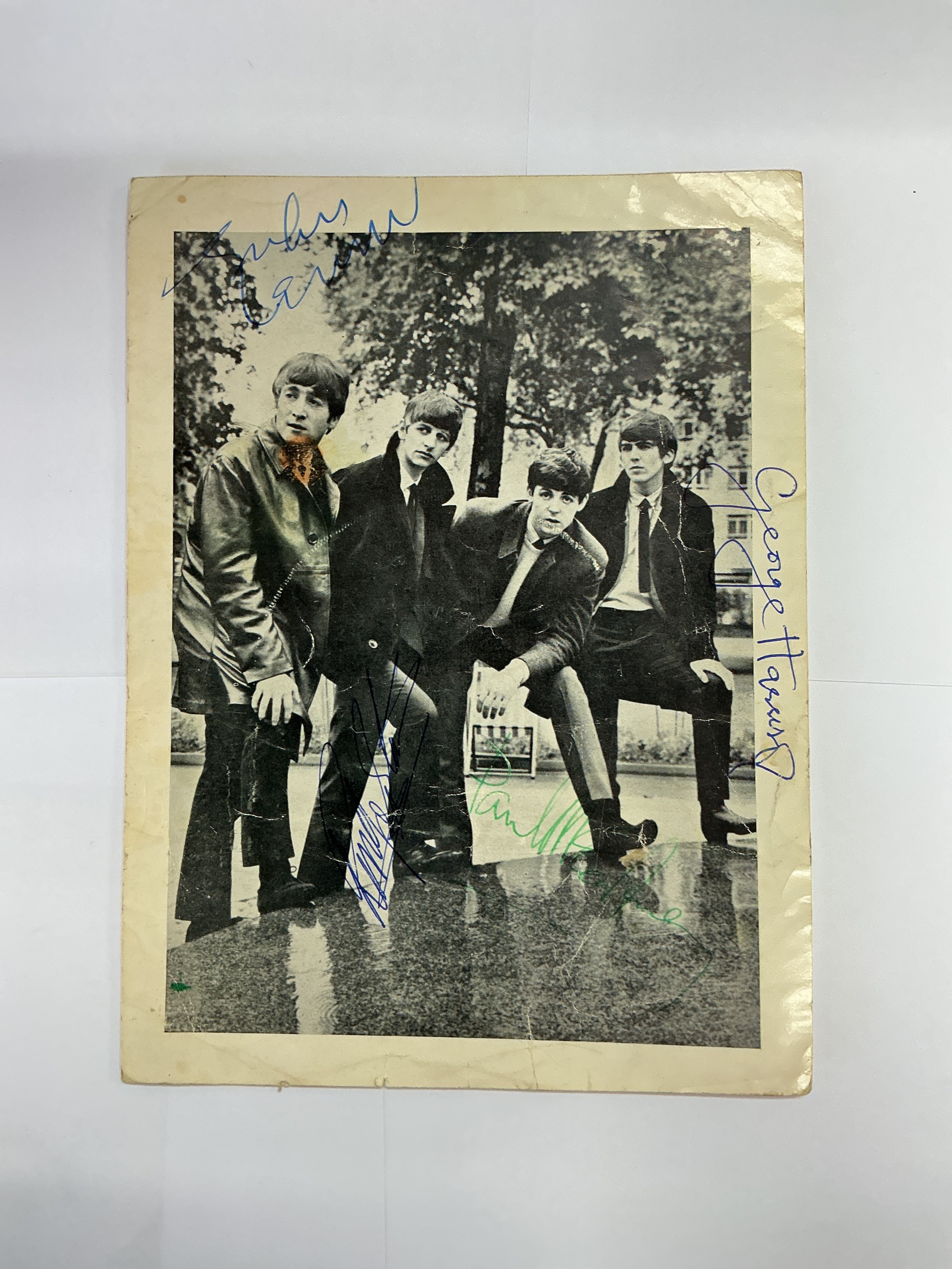 The Beatles. A fully signed publicity card. This was obtained by the vendor who won a Disc magazine competition to meet The Beatles backstage at a gig at the Lewisham Odeon on the 8th December 1963.