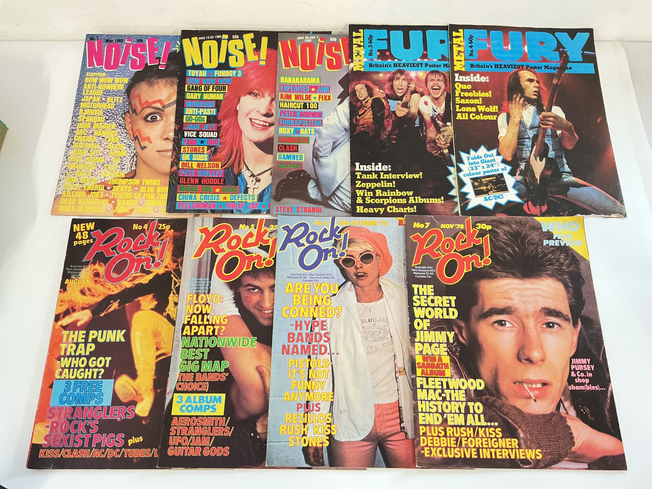 A collection of music magazines including a scarce issue number 1 of Noise magazine, Rock On, Metal Fury etc.