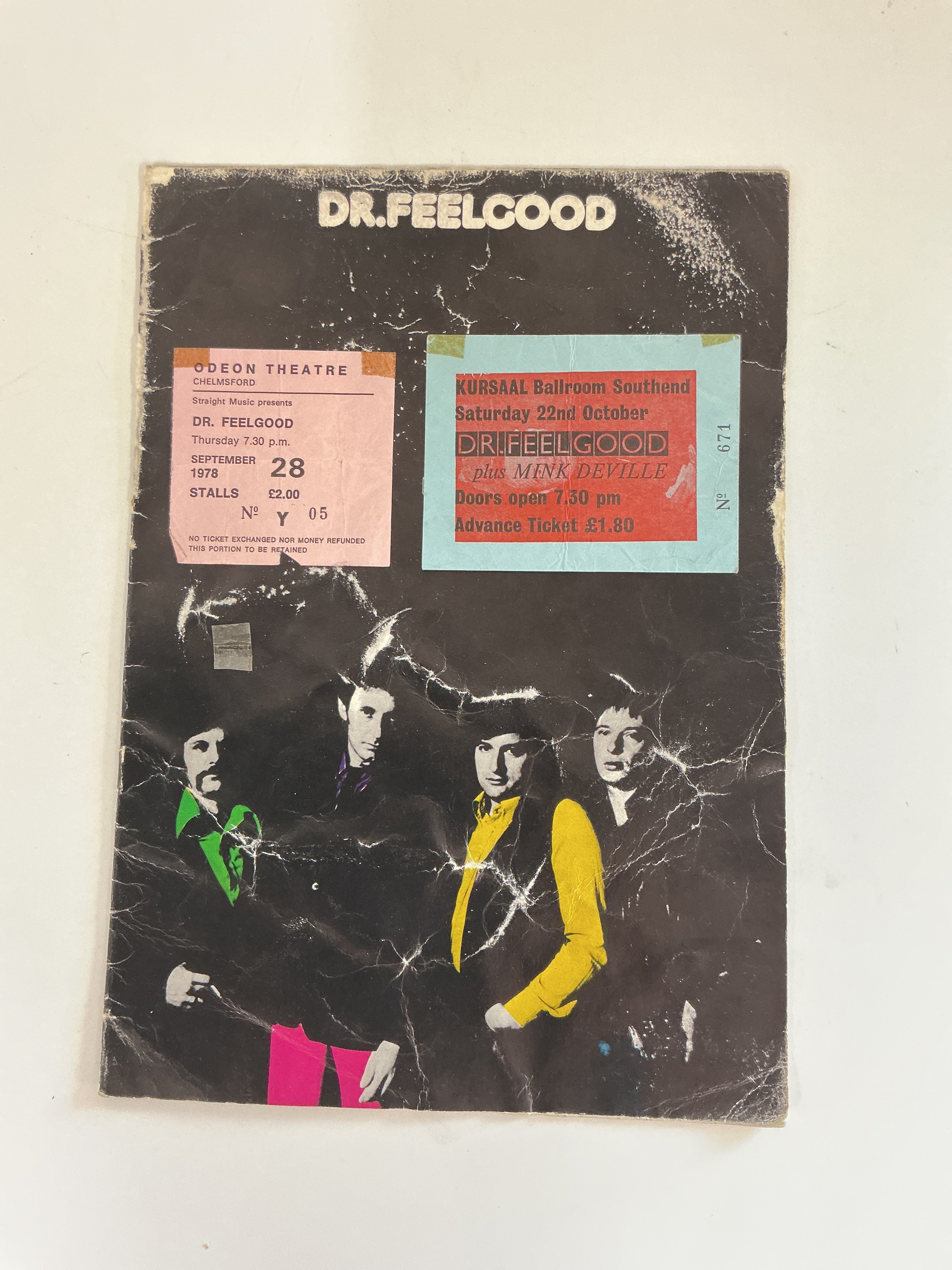 A Dr Feelgood tour program and two tickets, one for the Kursaal, Southend and one for the Odeon Theatre in Chelmsford.