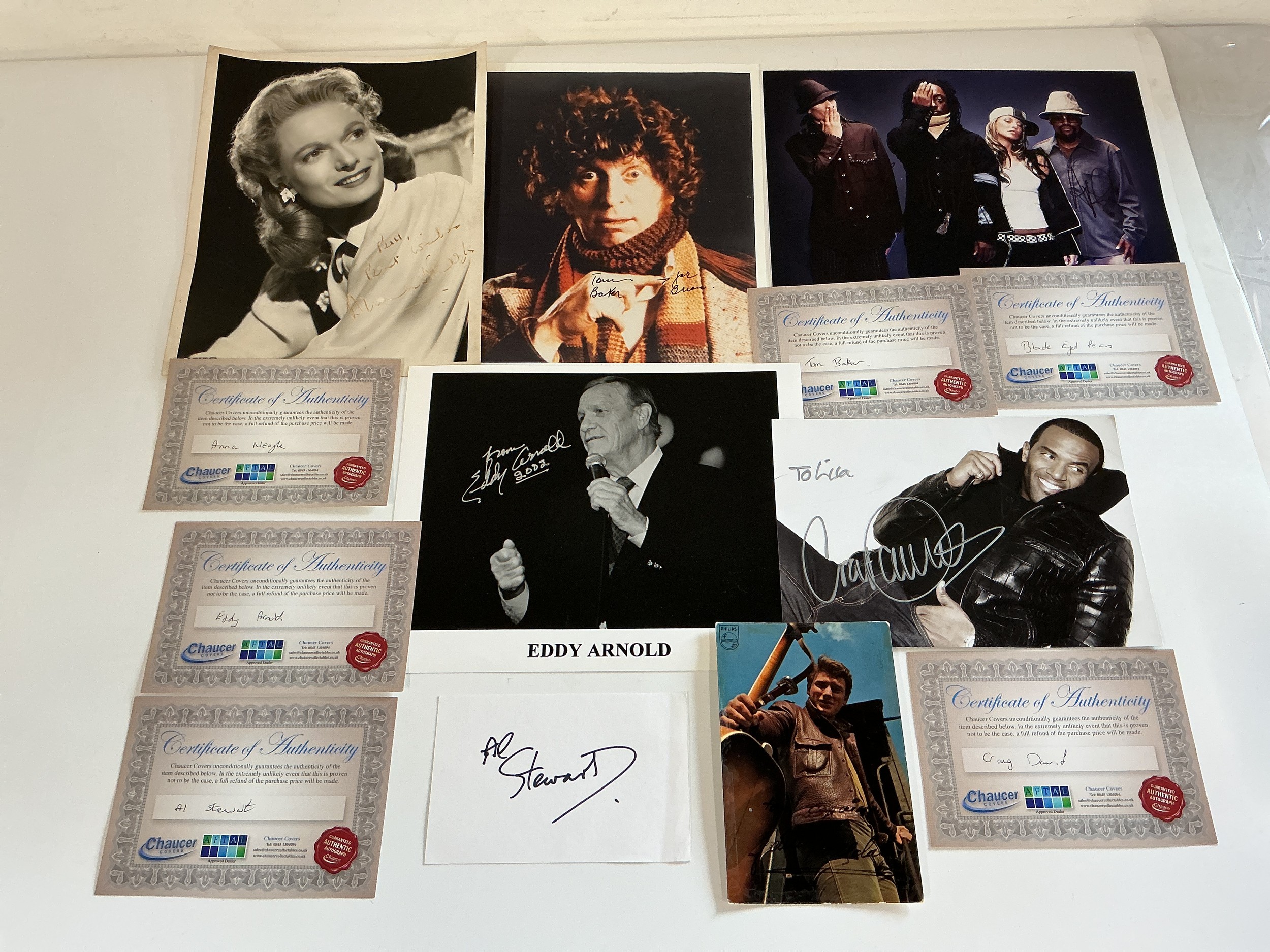 A collection of autographs including Tom Baker, Johnny Hallyday, Craig David and others. Most have COAs.