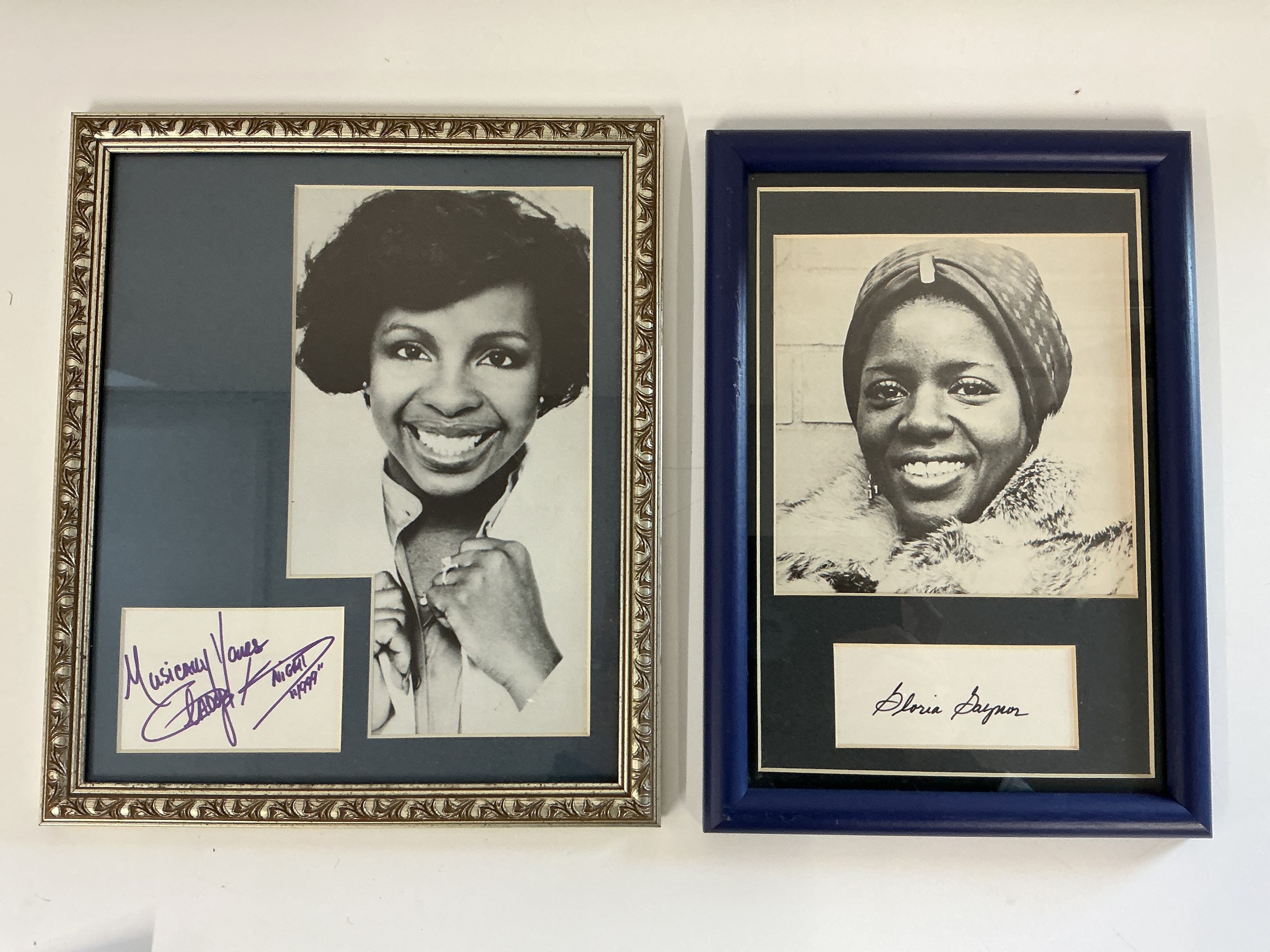 Two framed and glazed signed photos for Gloria Gaynor and Gladys Knight.