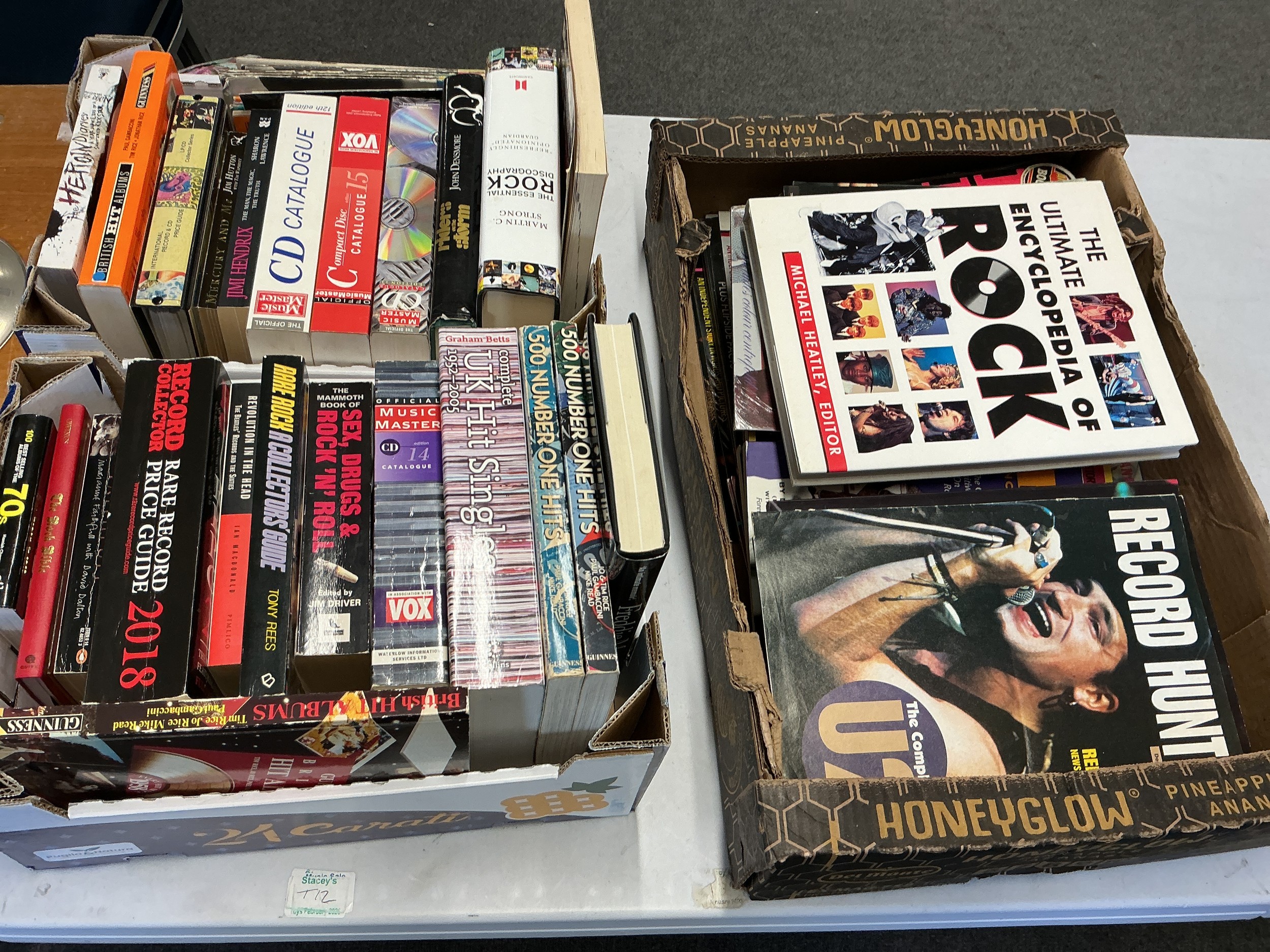 Three boxes of music books including Rare Record Guide, UK Hit Singles, Elvis Monthly mags etc.