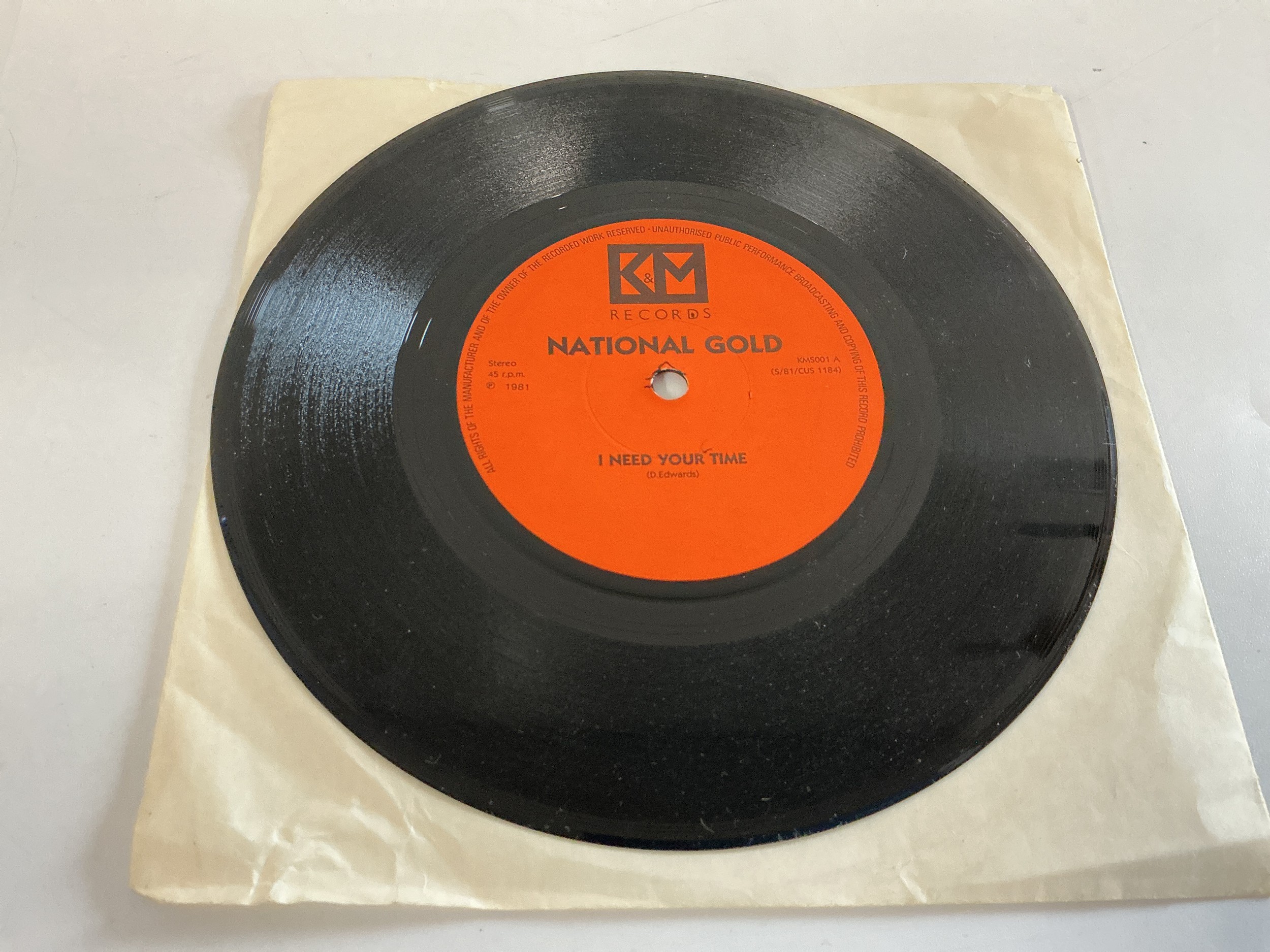 A rare NWOBHM 7" single National Gold - I need your time b/w I'm A Loner from 1981 on K&M Records KMS 001. EX.