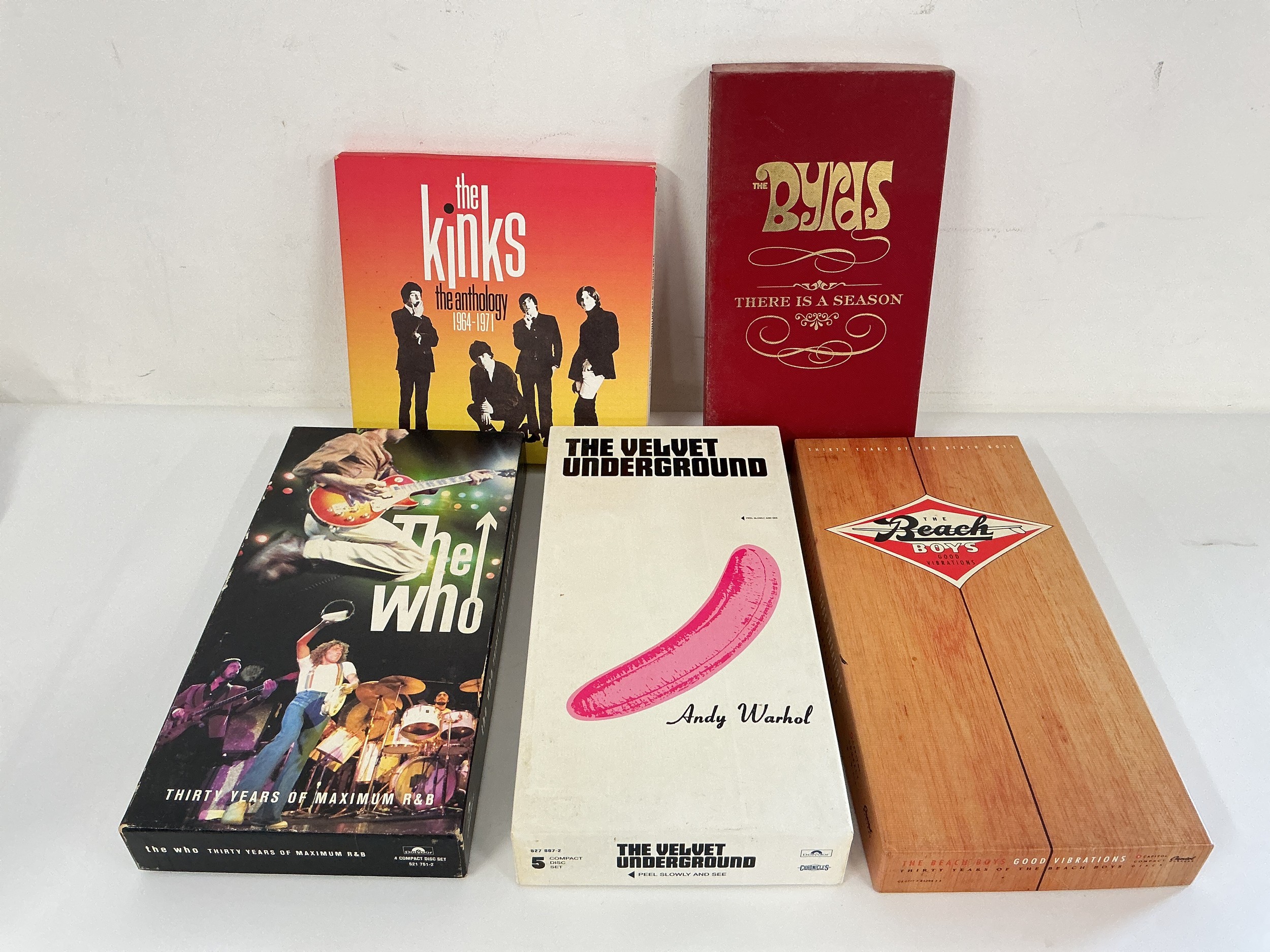 Five CD box sets by various artists including The Byrds, The Velvet Underground, The Who, The Kinks and The Beach Boys.