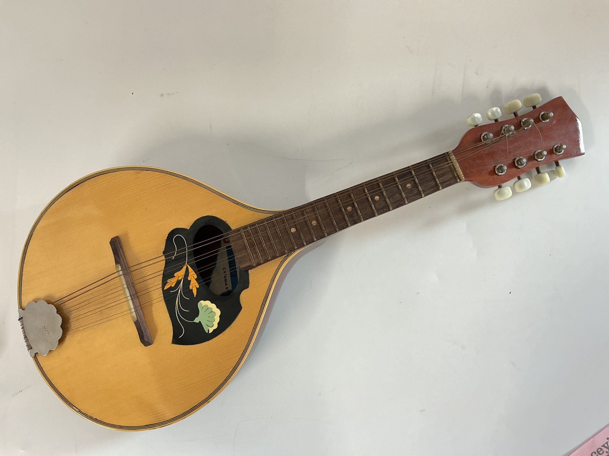 A Sicilmusico flat back mandolin with hard carry case. Made in Catania, Sicily.