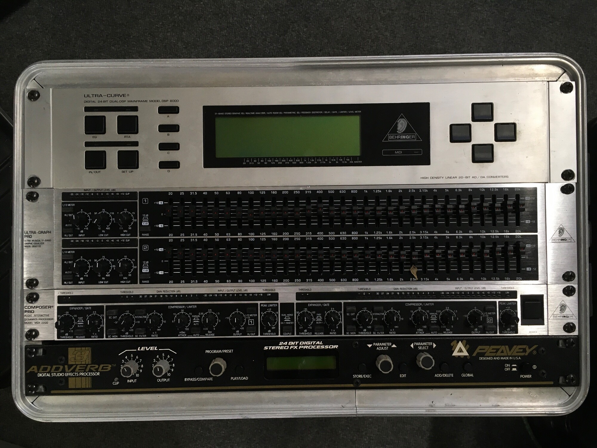 Four rack mounts comprising a Behringer Ultra Curve 24 bit dual DSP mainframe DSP8000, a Behringer Ultra Graph Pro, Composer Pro and a Peavey Addverb effects processor. Comes in a hard shell flight case.