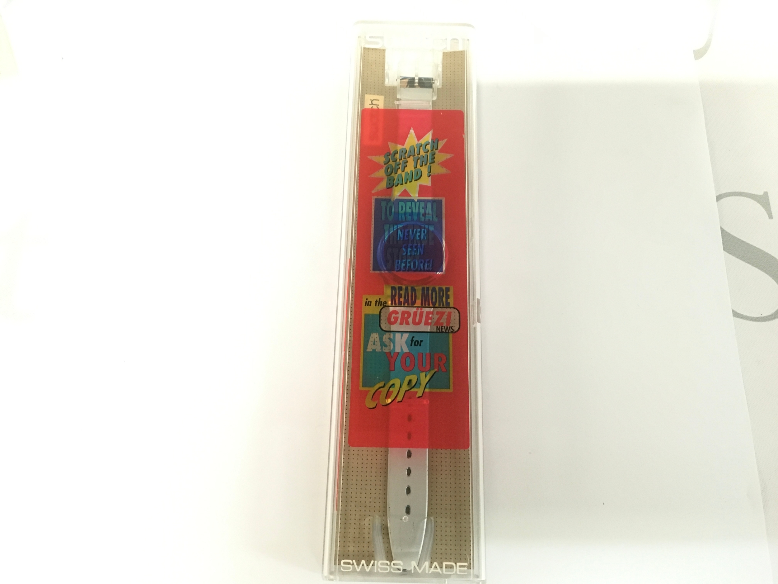 vintage 1997 Swatch watch named "Never Seen Before" (GK258). It remains in its original packaging.