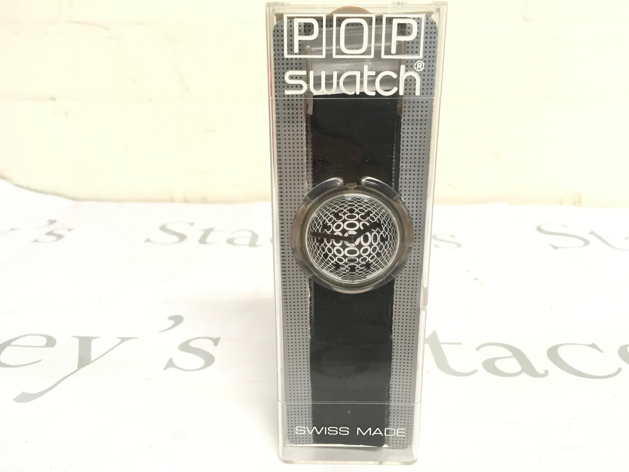 vintage 1992 Swatch Pop "DOTS" (PWK166) watch featuring a black and white op-art dial designed by Victor Vasarely.