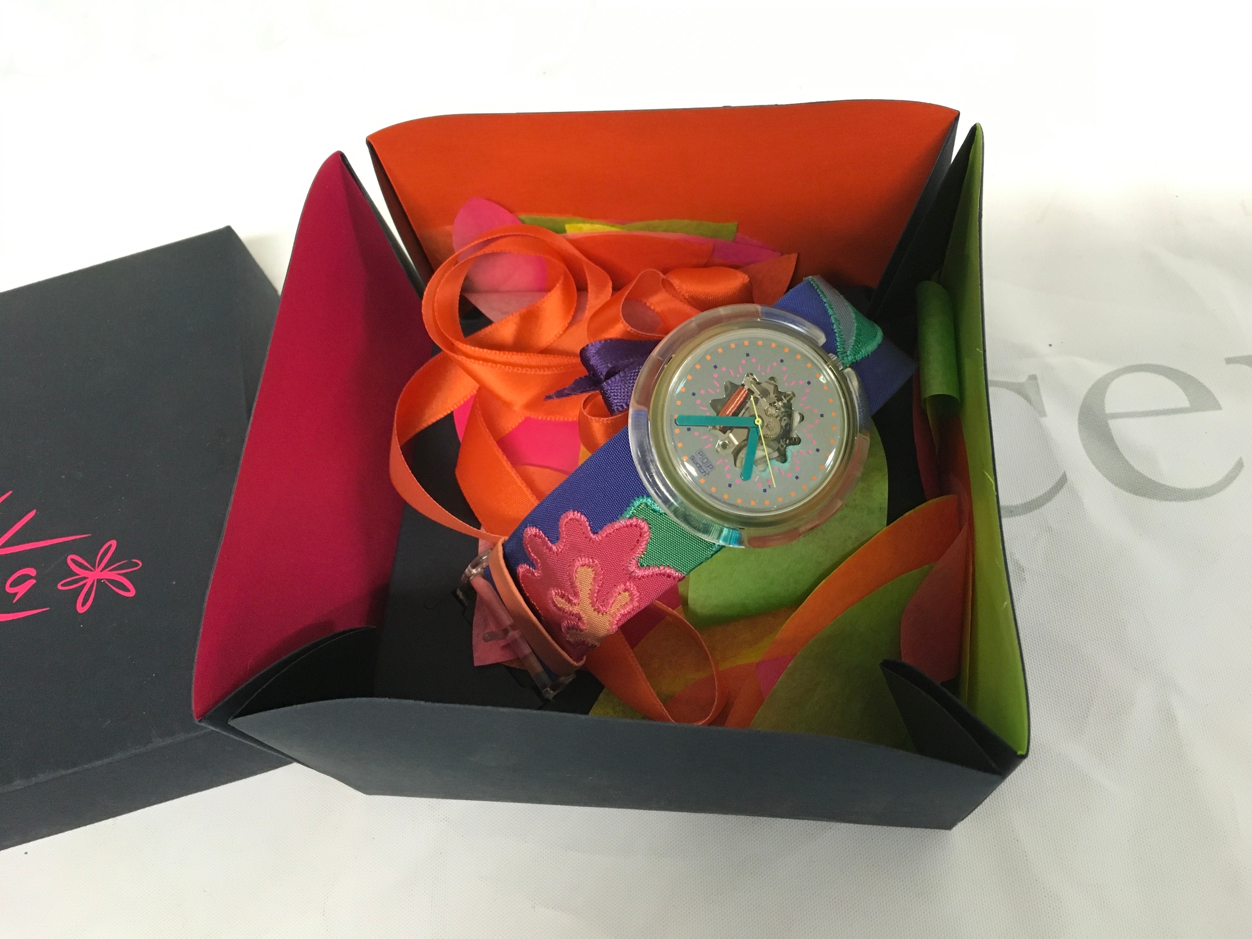 1991 or 1992 Swatch Pop Special watch named "Veruschka" (model PWZ103). The watch features a distinctive blue leather strap with a colorful embroidered fabric overlay and a transparent case.