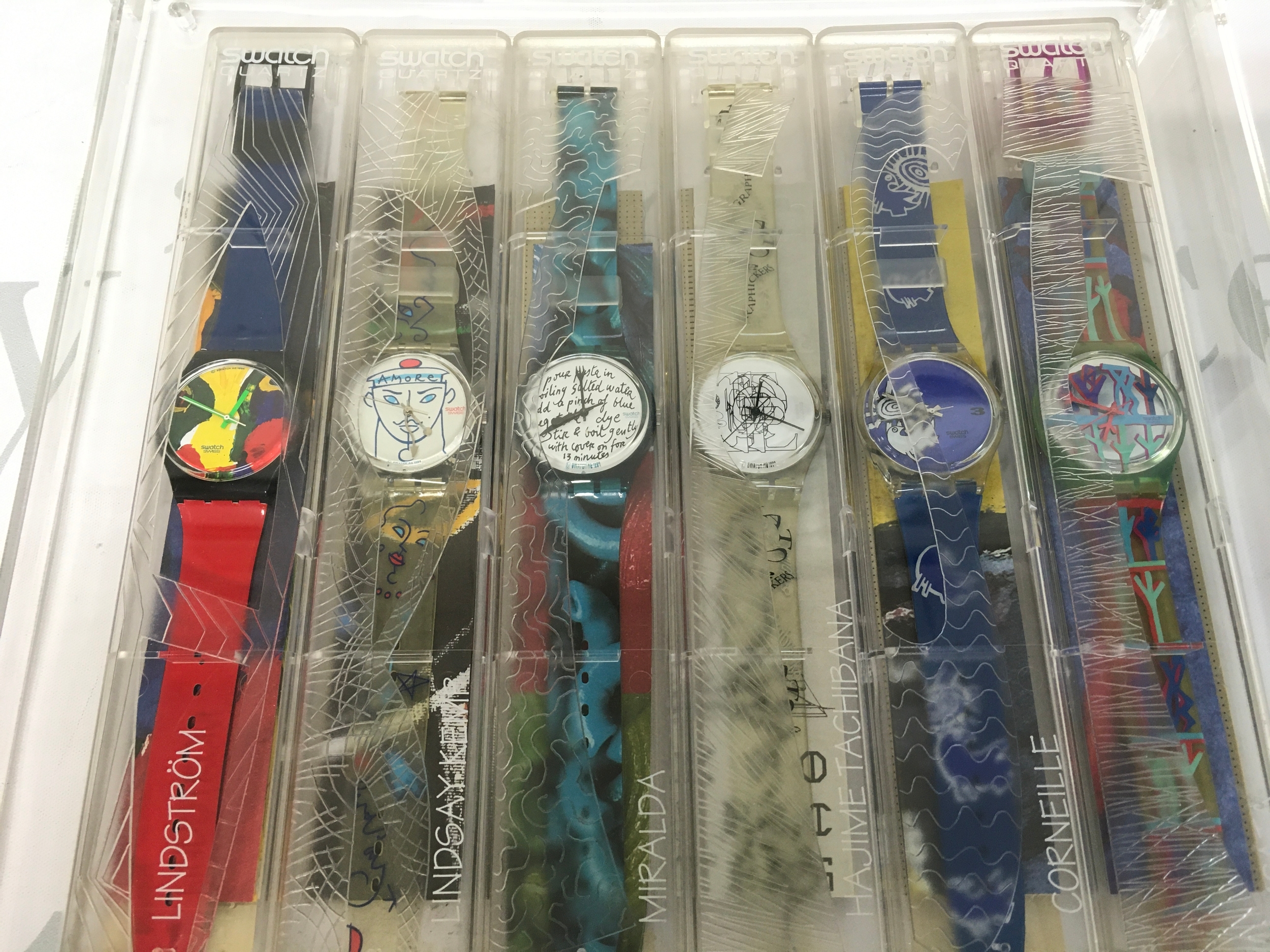 complete 6-watch set from the Swatch Artist Collection, featuring designs by artists such as Bengt Lindström, Antoni Miralda, and Lindsay Kemp